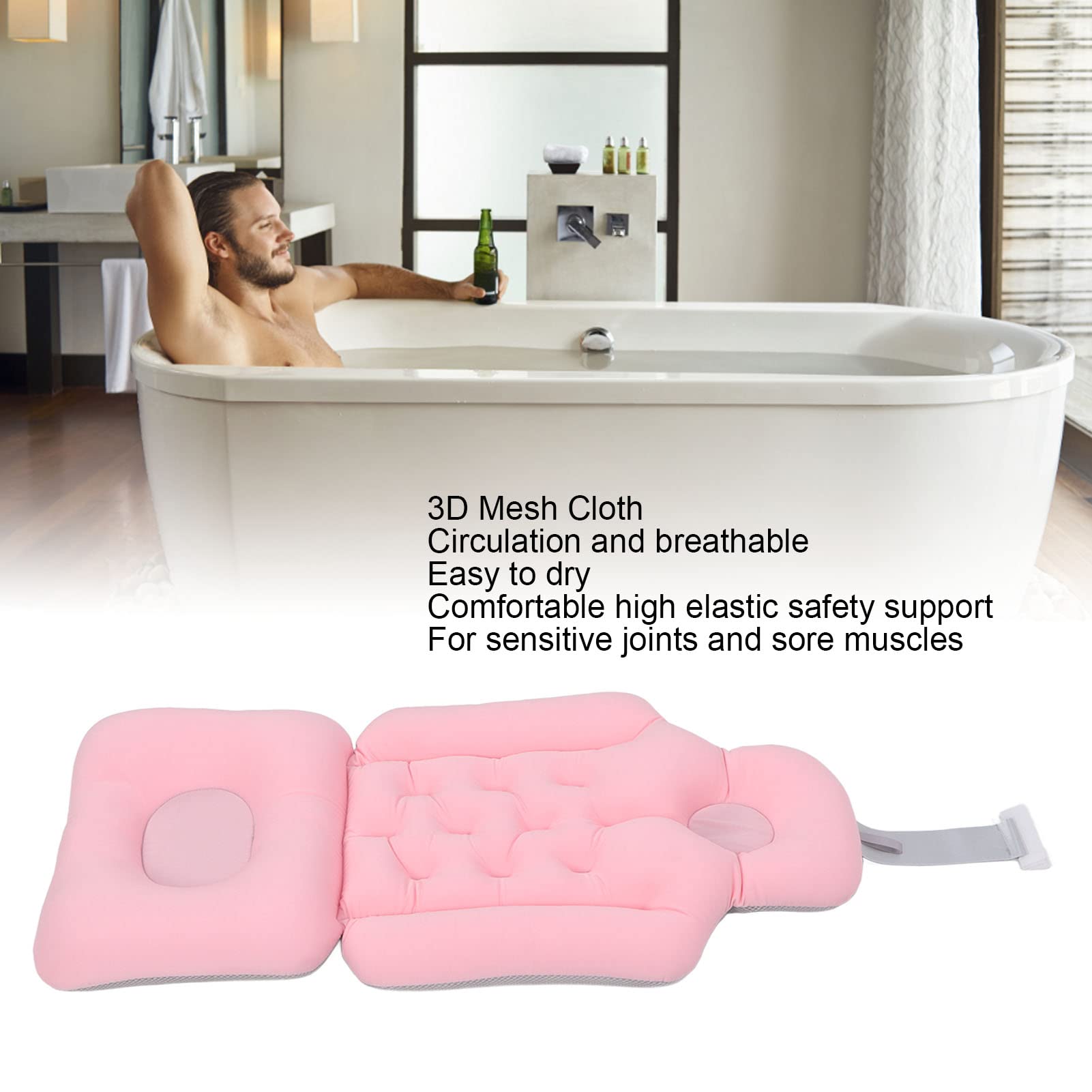 Soft Breathable Bathtub Cushion - Foldable Spa Pillow for Neck & Back Support - Comfortable Bath Seat Headrest for Adults - Perfect for Relaxing Baths & Home Spa Treatments (Pink)