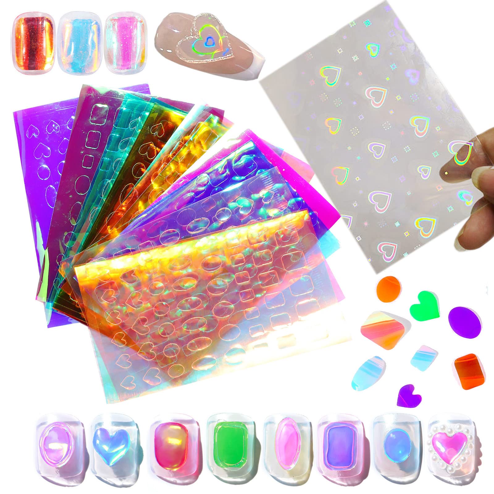 12pcs Aurora Nail Stickers - 3D Holographic Nail Art Decals for Women, DIY Manicure Foils with Ice Laser Heart Design, Trendy Nail Decorations for Parties, Weddings & Special Occasions
