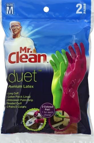 Mr. Clean Duet Natural Latex Gloves with Beaded Cuff & Cotton Flock Lining - Non-Slip Grip, Medium Size - Perfect for Dishwashing, Cleaning & Household Chores