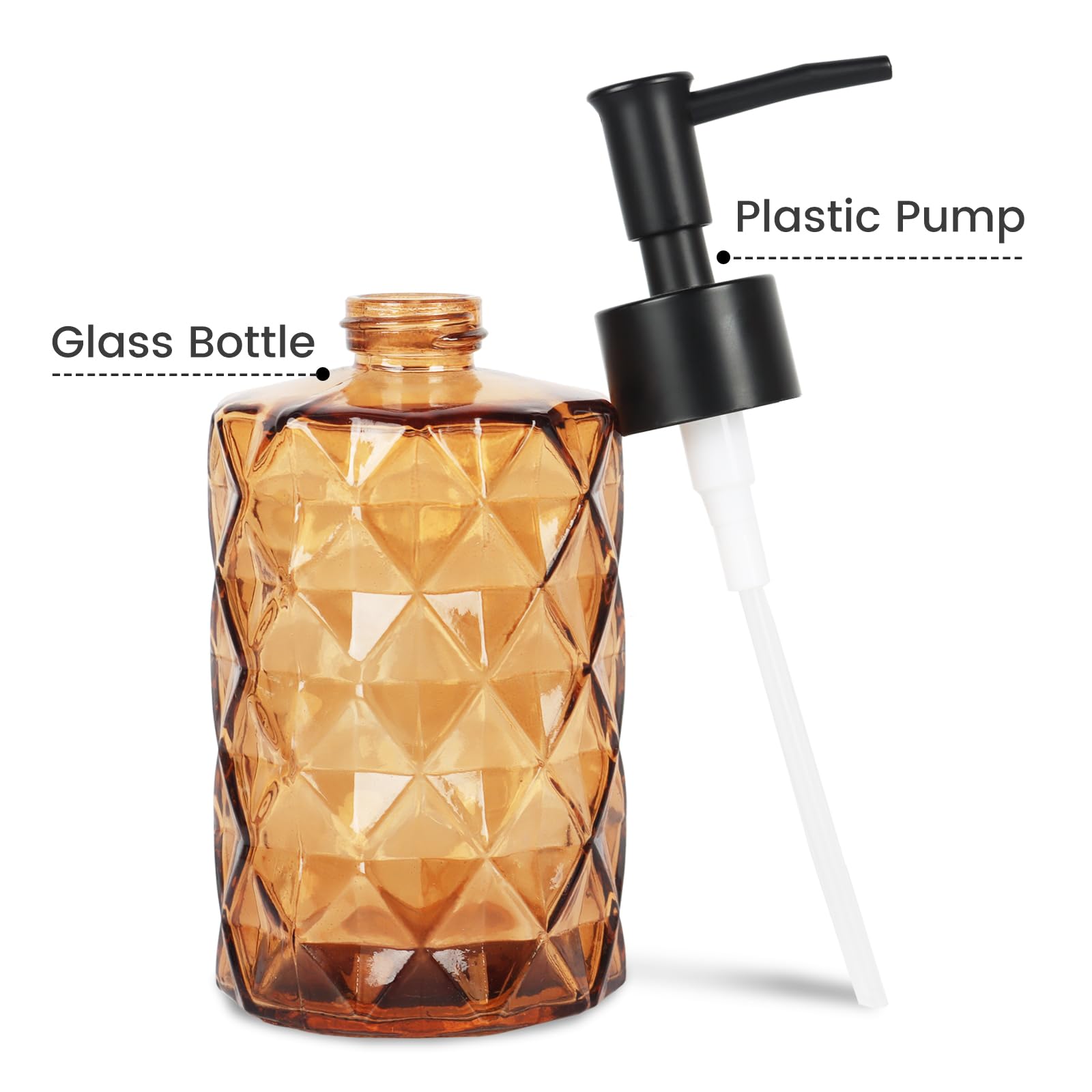 Premium Diamond-Cut Amber Glass Soap Dispenser with Pump - 12oz Refillable Hand & Dish Soap Dispenser for Bathroom, Kitchen Sink, Vanity - Elegant Home Decor & Gift Idea