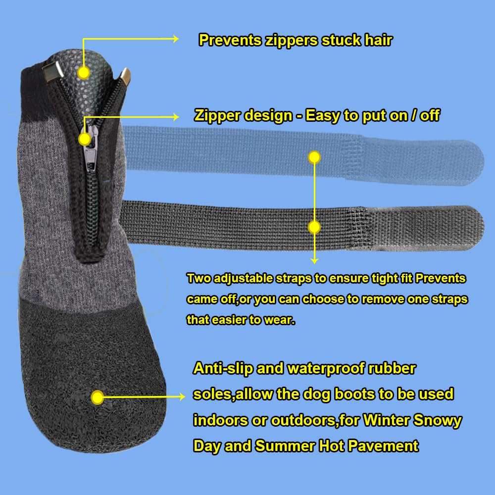 Waterproof Anti-Slip Dog Boots with Zipper - Paw Protector Shoes for Small Medium Large Dogs - Indoor Outdoor Pet Booties for Hardwood Floors & Snow - Grey (Perfect for Winter Walks & Home Floor Protection)