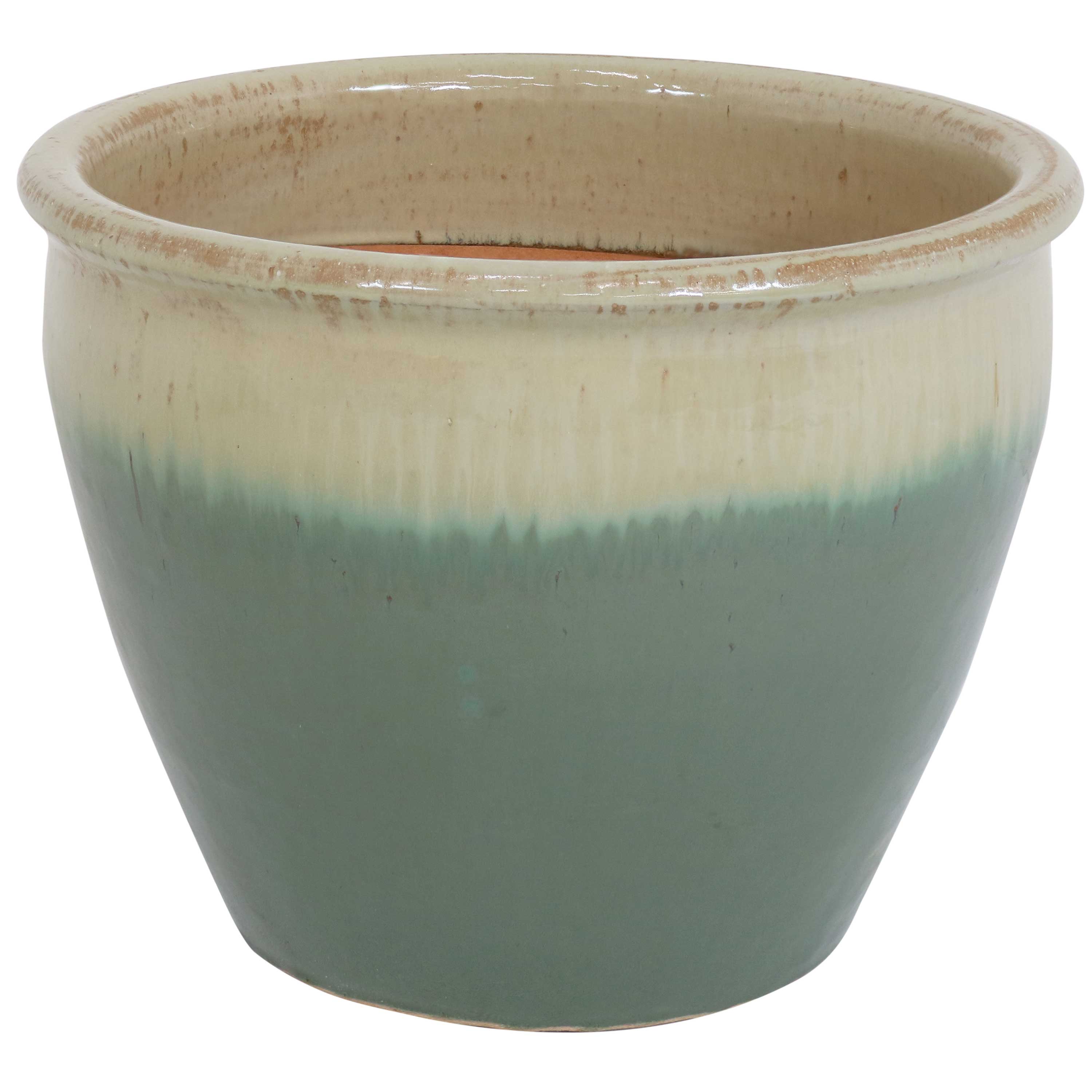 Sunnydaze Chalet Round Glazed Ceramic Planter with Drainage Hole - Outdoor Garden Flower Pot for Patio, Balcony & Home Decor