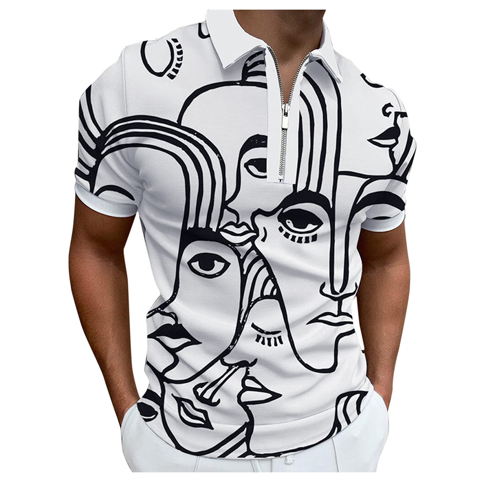 Abstract Print Men's Casual Polo Shirt with Zipper Collar - Lightweight Dress Shirt for Business & Weekend Wear