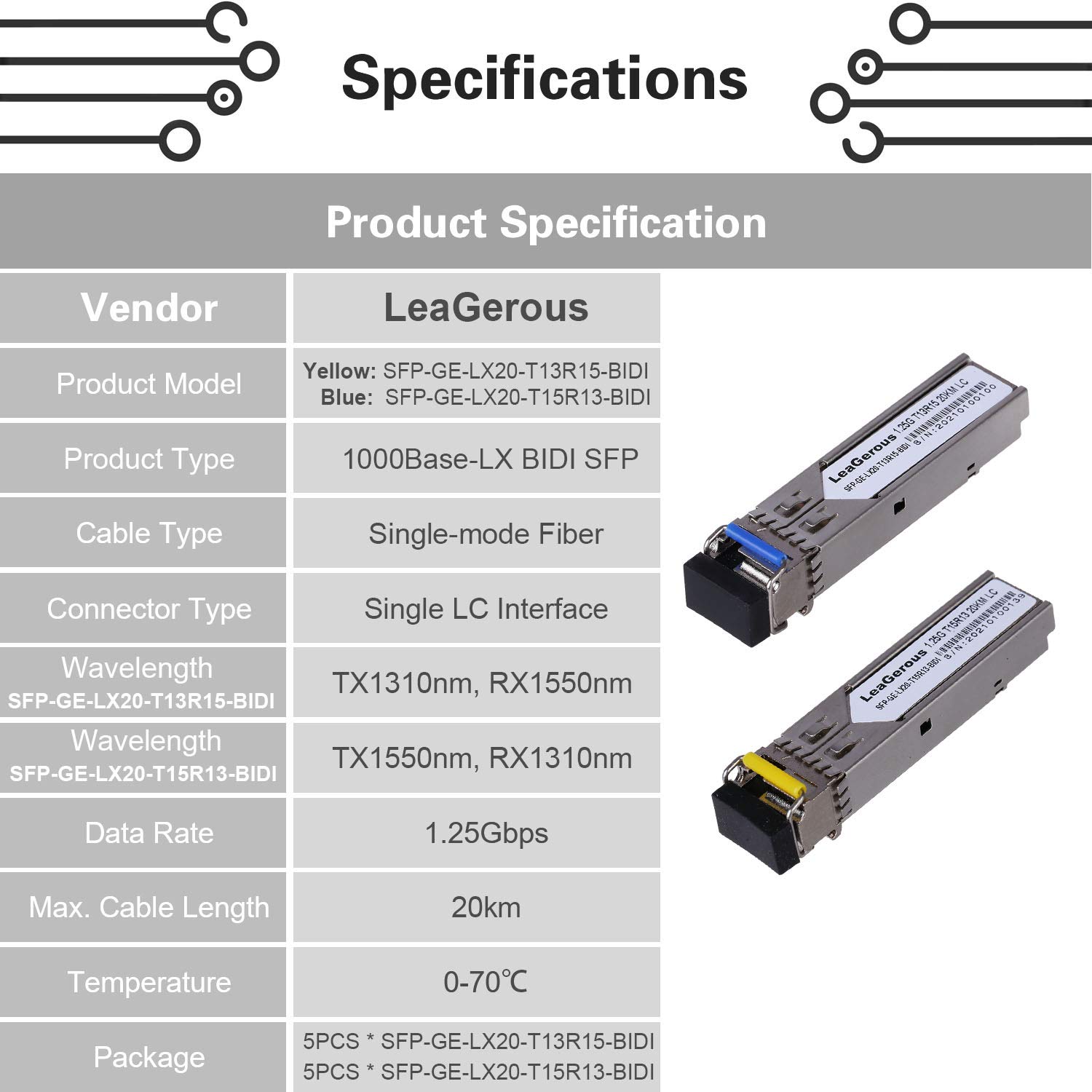 5 Pairs BIDI SFP Network Transceiver Module - 1.25G Gigabit Single Mode LC 1000BASE-LX Single Fiber Interface SFP 20km for High-Speed Data Center & Enterprise Networking