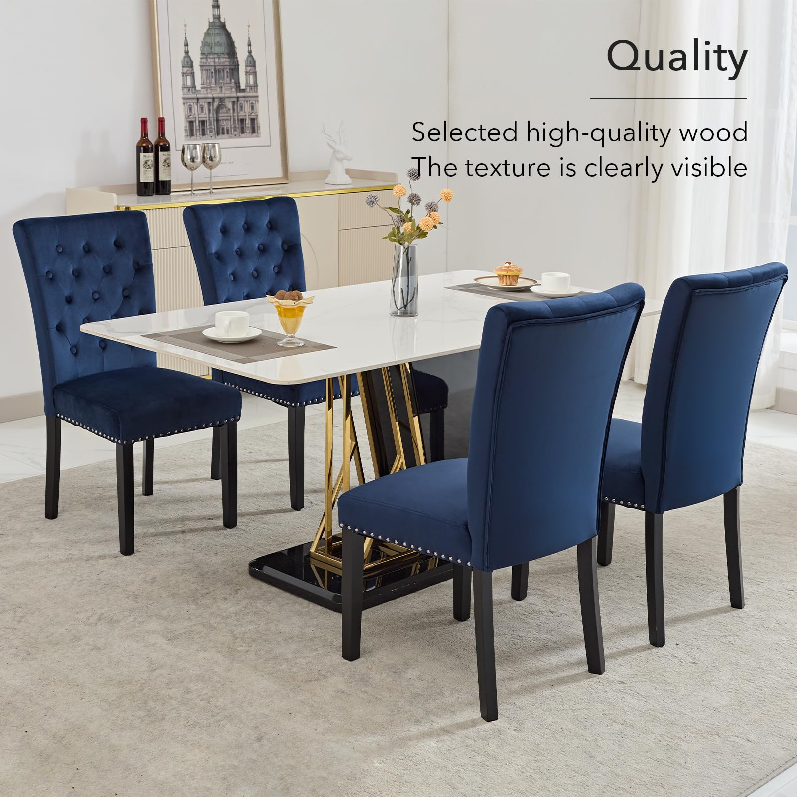 Velvet Dining Chairs Set of 2 - Blue Parsons Upholstered Dining Room Chairs with Wood Legs & Nailhead Trim - Perfect for Modern Dining Room, Kitchen, or Breakfast Nook