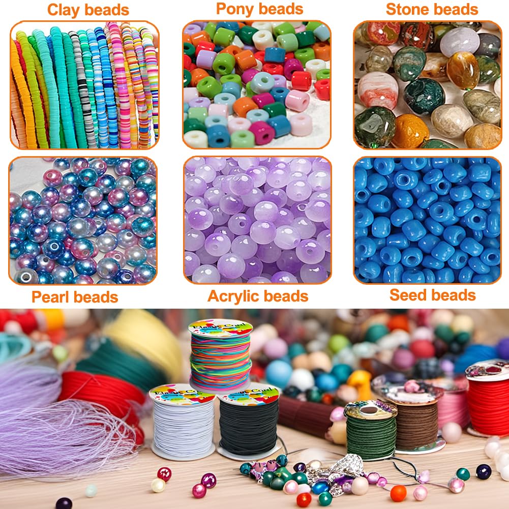 **1mm Elastic Cord for Bracelet Making - Stretchy Beading String for Pony Beads & Jewelry DIY - 3 Rolls (Black, Rainbow, White) - Perfect for Crafting, Friendship Bracelets & Kids' Bead Projects**