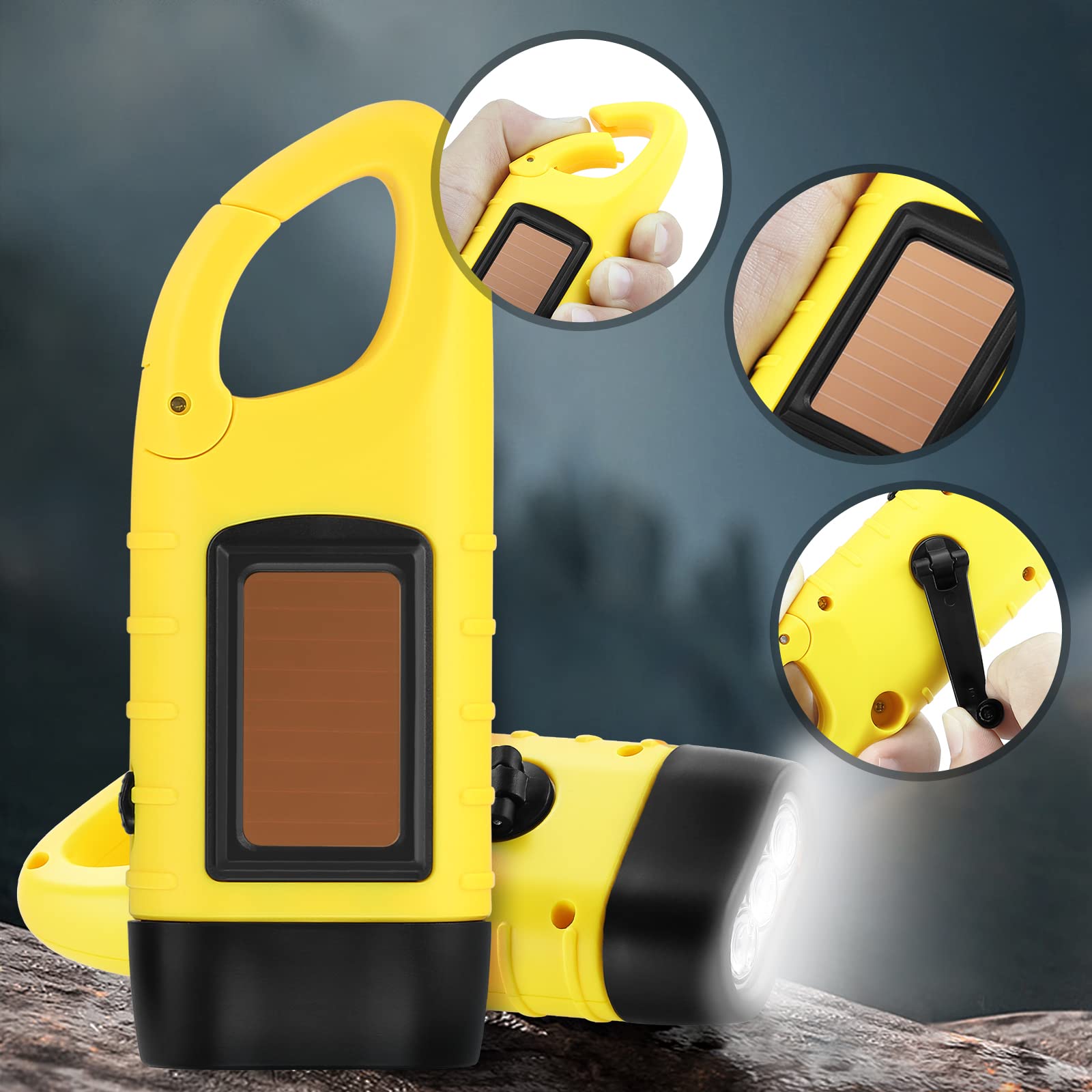 Simpeak 2-Pack Hand Crank Solar Powered Flashlight - Emergency Rechargeable LED Flashlight with Quick Snap Carabiner for Outdoor Camping, Hiking, Survival & Power Outages (Yellow)