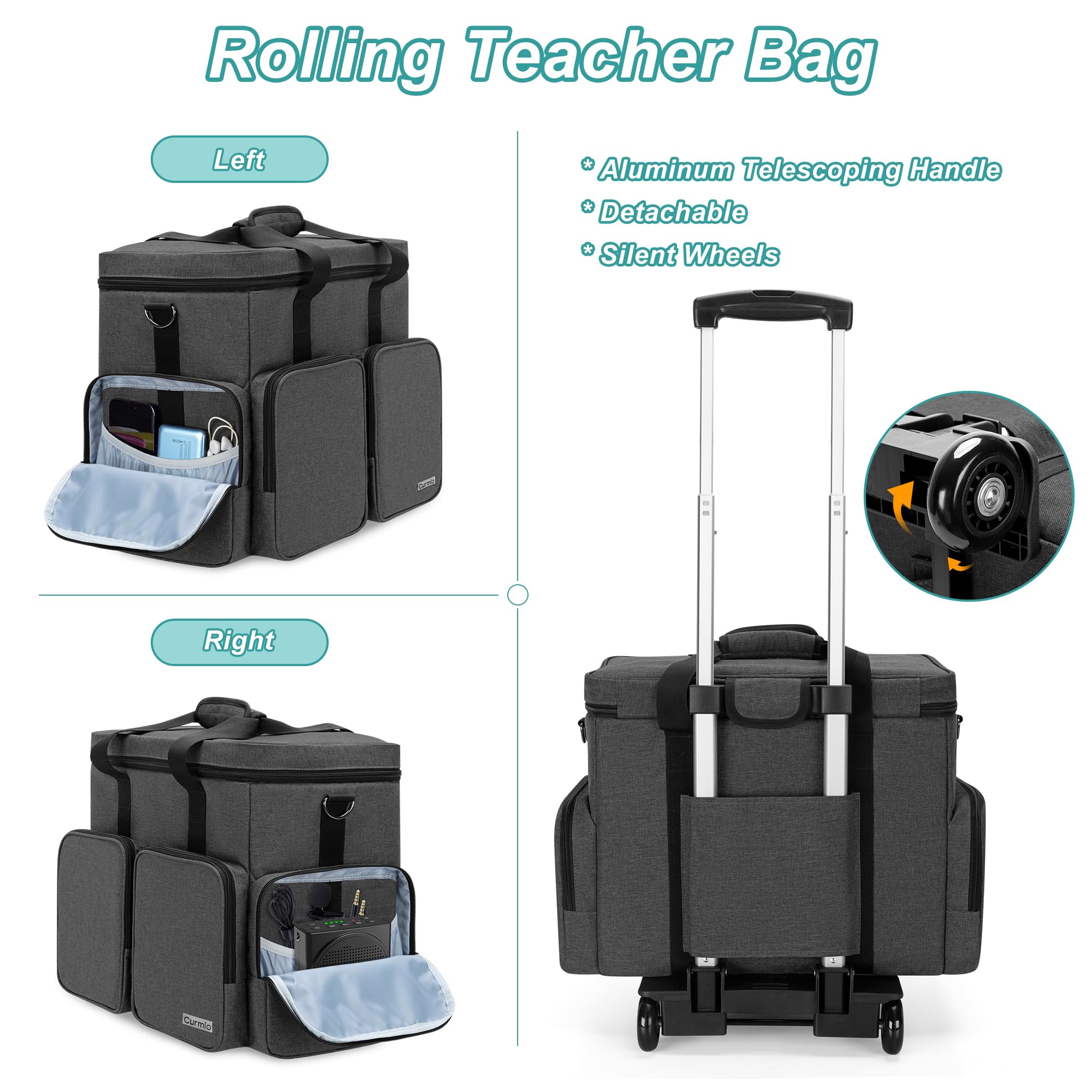 CURMIO Rolling Teacher Tote Bag with Padded Laptop Compartment for 15.6 Inch Laptop - Wheeled Teacher Bag for Teaching, Office, Craft Supplies - Black - Perfect for Educators, Professors and Traveling Professionals