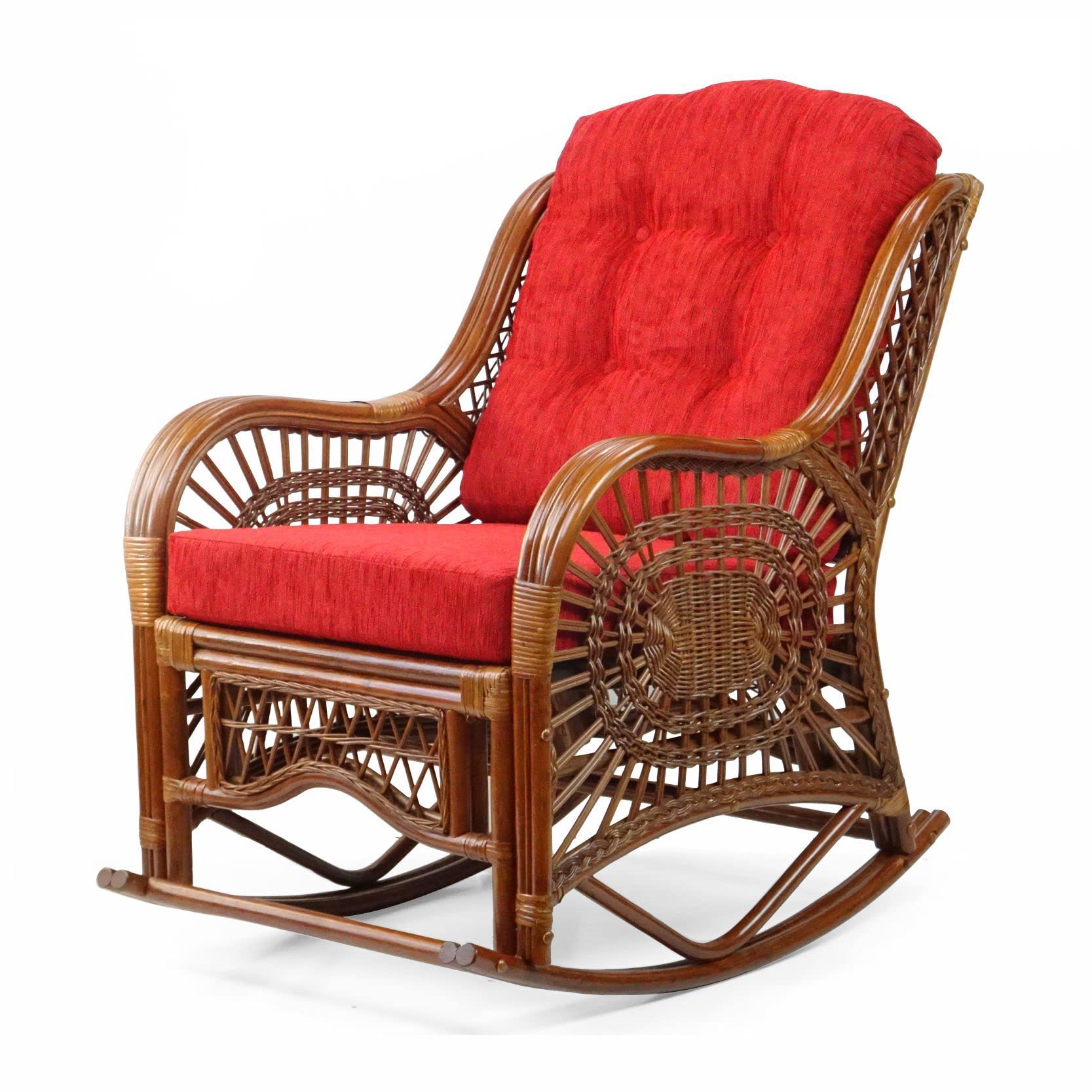 Malibu Rocking Handmade Lounge Chair - Eco-Friendly Natural Wicker Rattan with Red Cushion - Indoor Use Only - Perfect for Living Room, Sunroom or Patio Relaxation