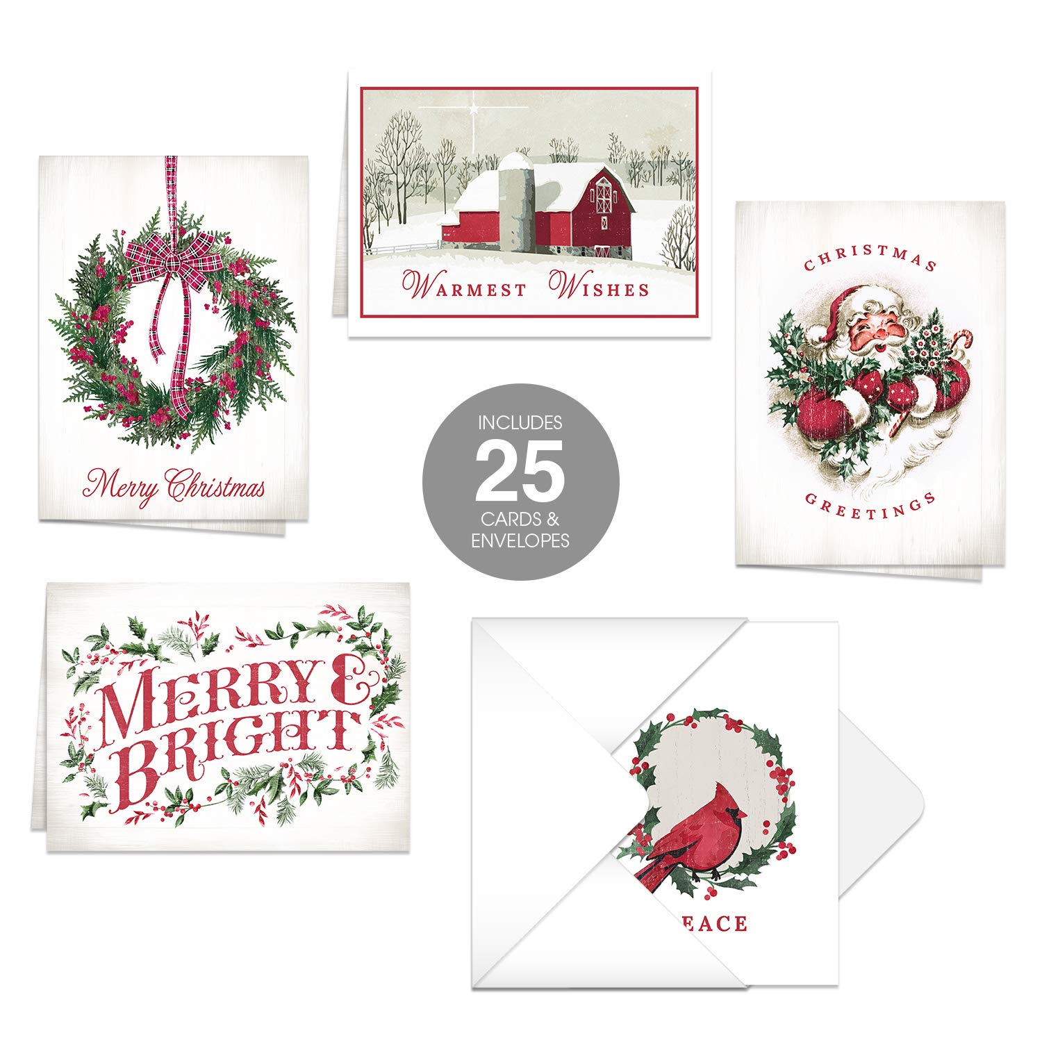 25 Classic Holiday Christmas Cards with White Envelopes - 5 Retro Christmas Designs (4 5/8