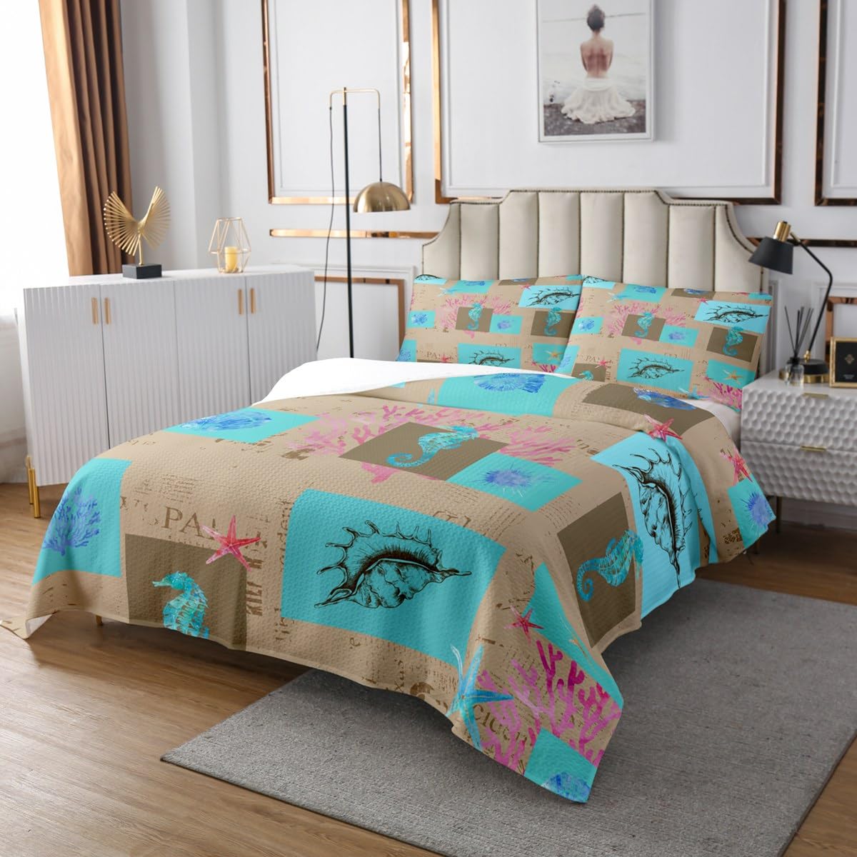 Erosebridal Seashell Beach Bedding Set - Queen/Full Size 100% Cotton Underwater Theme Comforter with Cartoon Fish & Seaweed Design - 3 Piece Quilted Coverlet Set with Shams - Perfect for Coastal Themed Bedrooms, Beach House Decor & Ocean Lovers