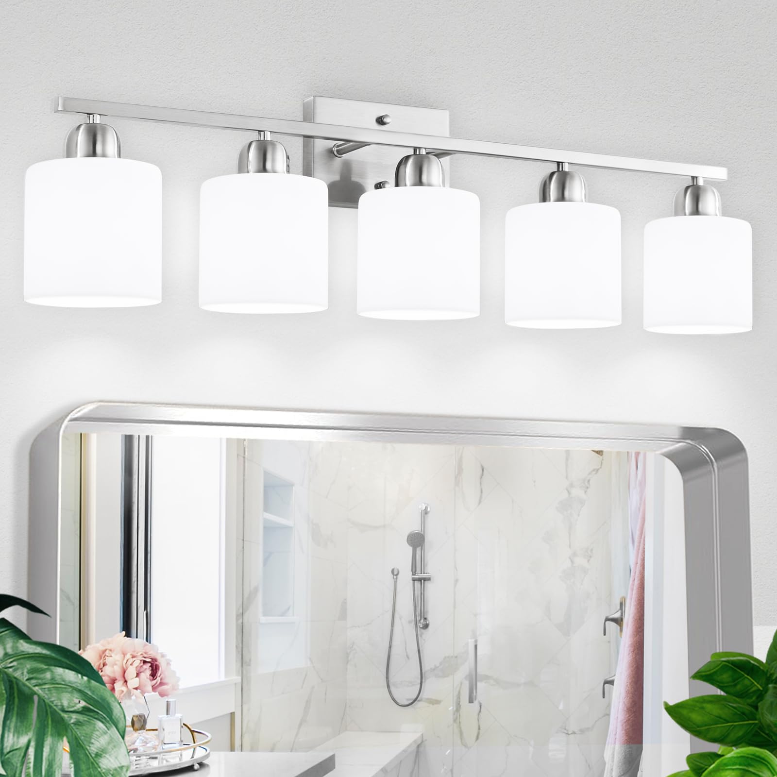 5-Light Bathroom Vanity Light Fixture Brushed Nickel with Milky White Frosted Glass Shade, E26 Base - Perfect for Bathroom Mirror, Bedroom, Living Room & Dressing Area Lighting