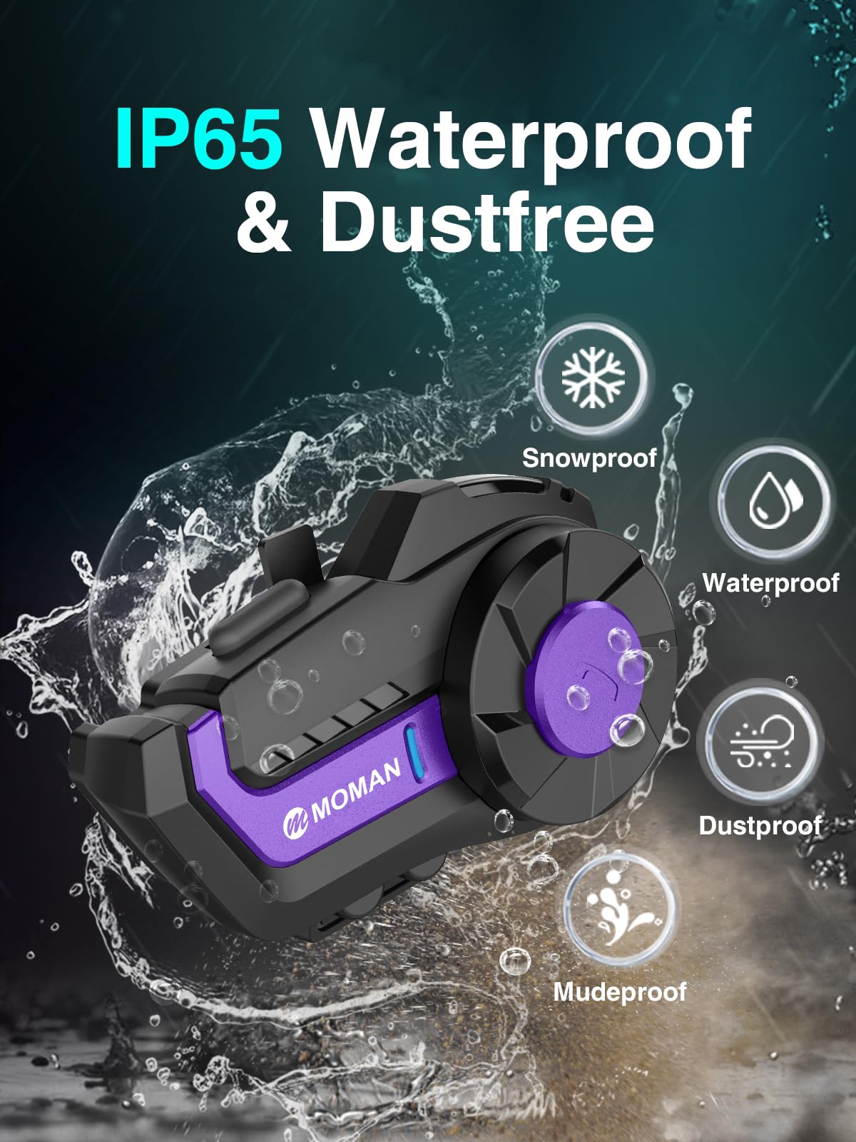 Moman H2Pro Wireless Motorcycle Helmet Headset - 1 Pack Purple, Bluetooth Helmet Communication System with Voice Assistant, Music Sharing & FM Radio, IP65 Waterproof, DSP & CVC Noise Cancellation - Perfect for Motorcycle Riders, Group Riding, Touring & Adventure Trips