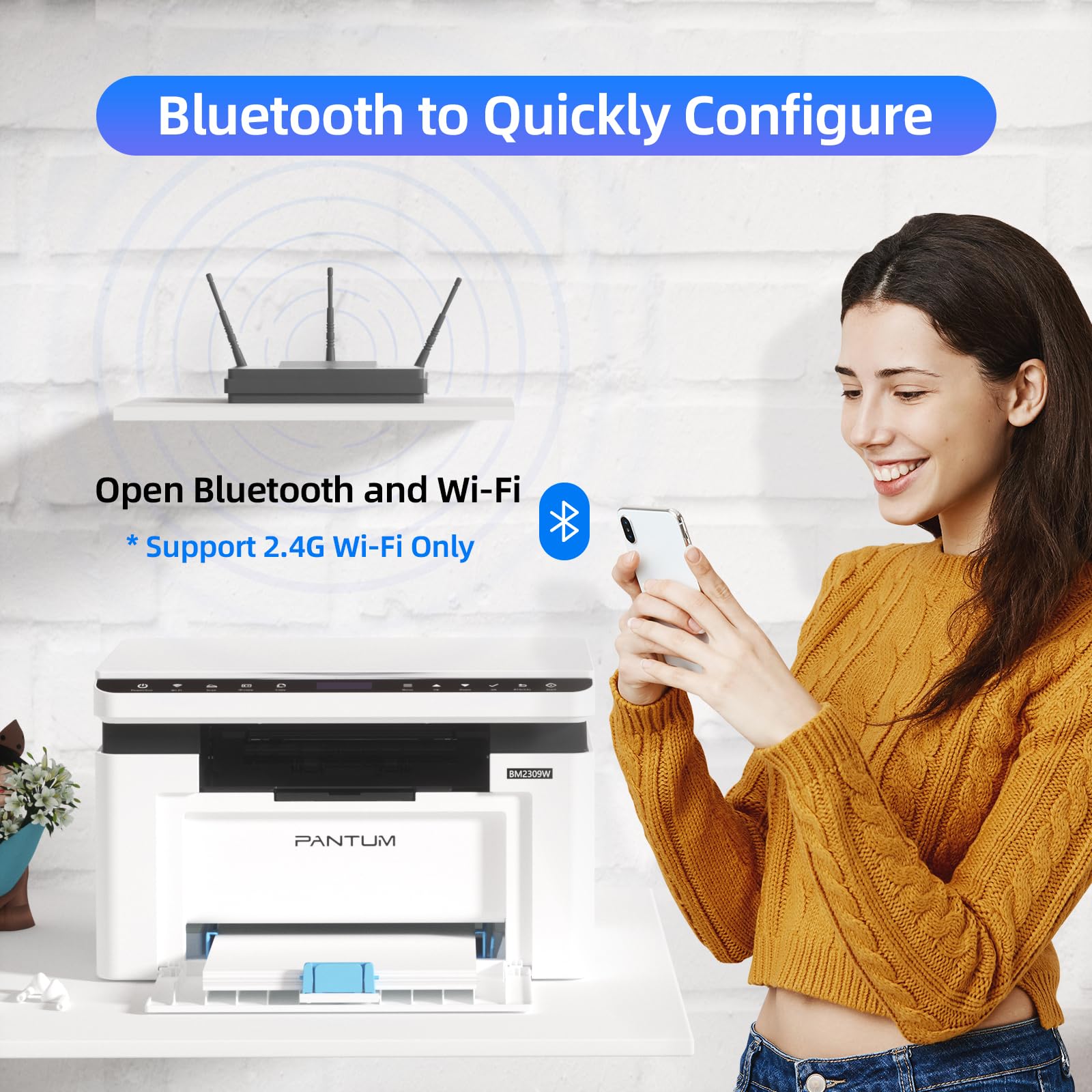 PANTUM BM2309W Wireless Laser Printer - 3-in-1 Print Copy Scan, WiFi & USB 2.0, 20ppm A4 Bluetooth Monochrome Printer with Manual Duplex for Home Office | Compact Design for Small Workspaces & Remote Work