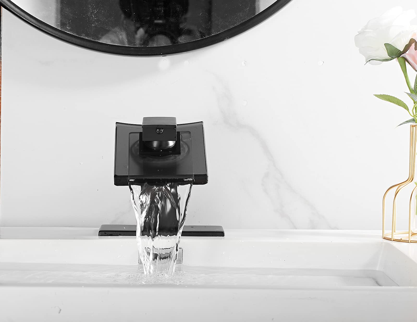 Black Waterfall Bathroom Faucet - Single Handle Deck Mount Sink Tap for Vanity & Commercial Use