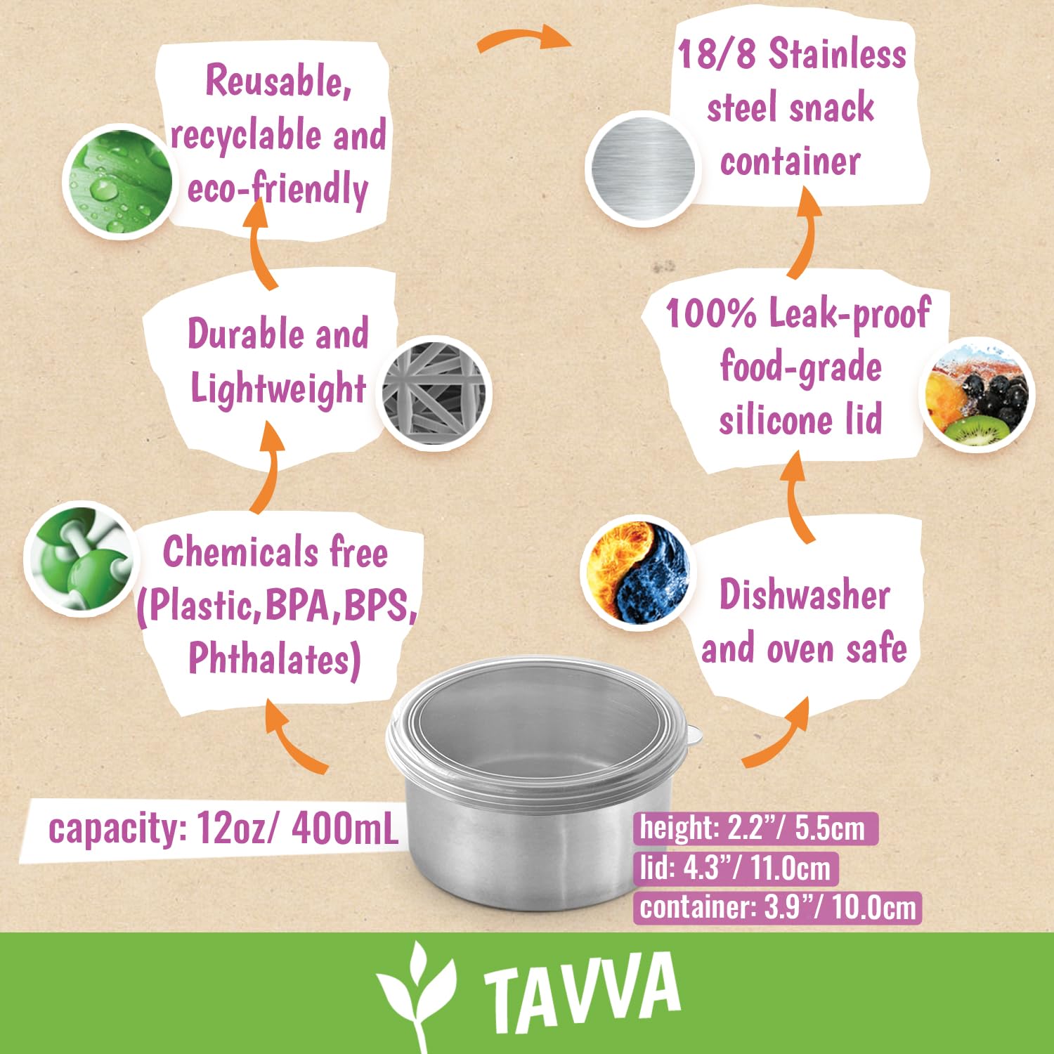 2-Pack 12oz Airtight Stainless Steel Food Storage Containers with Lids - BPA-Free Metal Snack Containers for Lunch, Meal Prep, Camping & Travel - Durable & Leakproof Kitchen Essentials