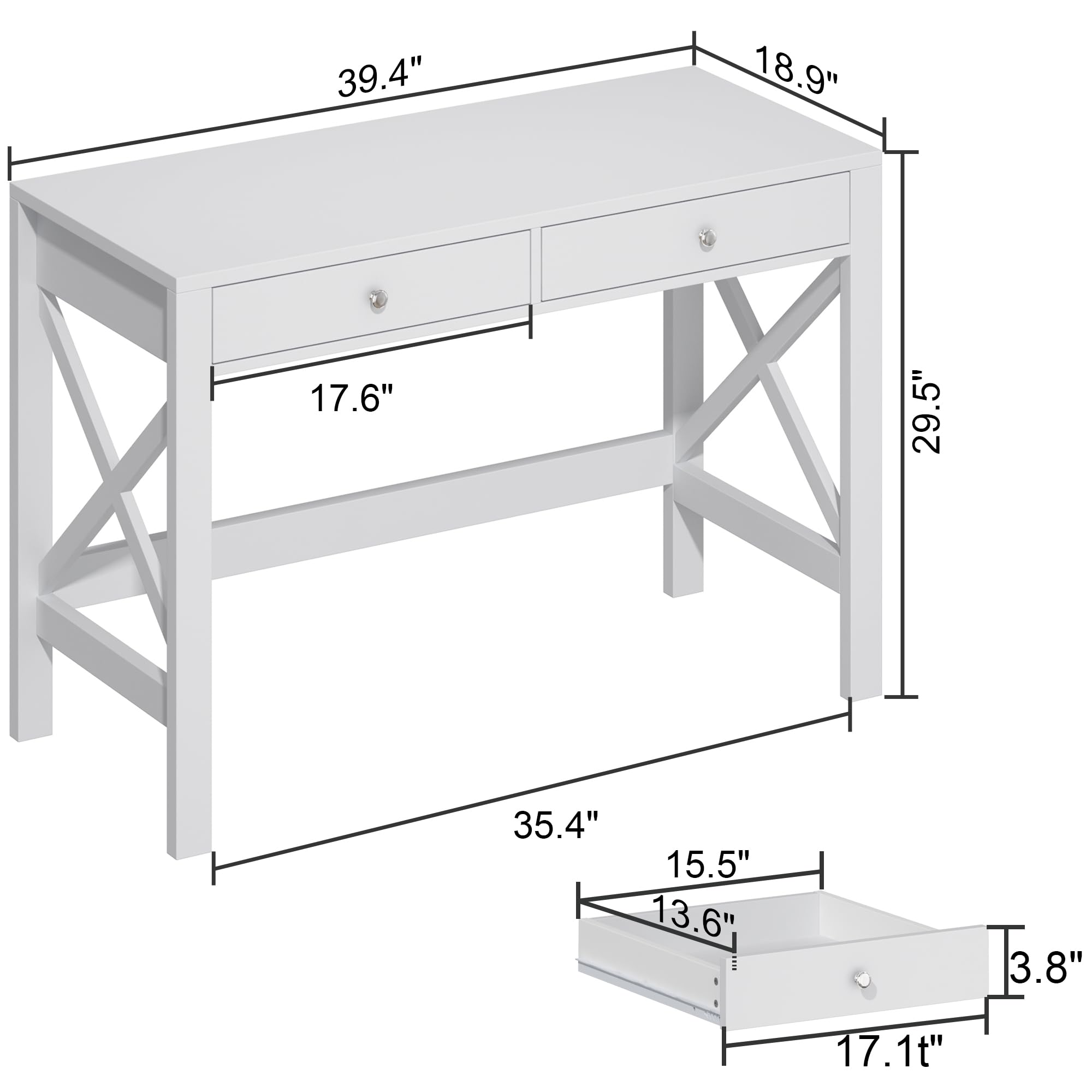 Modern 40-Inch White Computer Desk with Drawers - Home Office Study Desk, Makeup Vanity & Console Table for Small Spaces | Perfect for Remote Work, Online Learning & Beauty Routine Organization