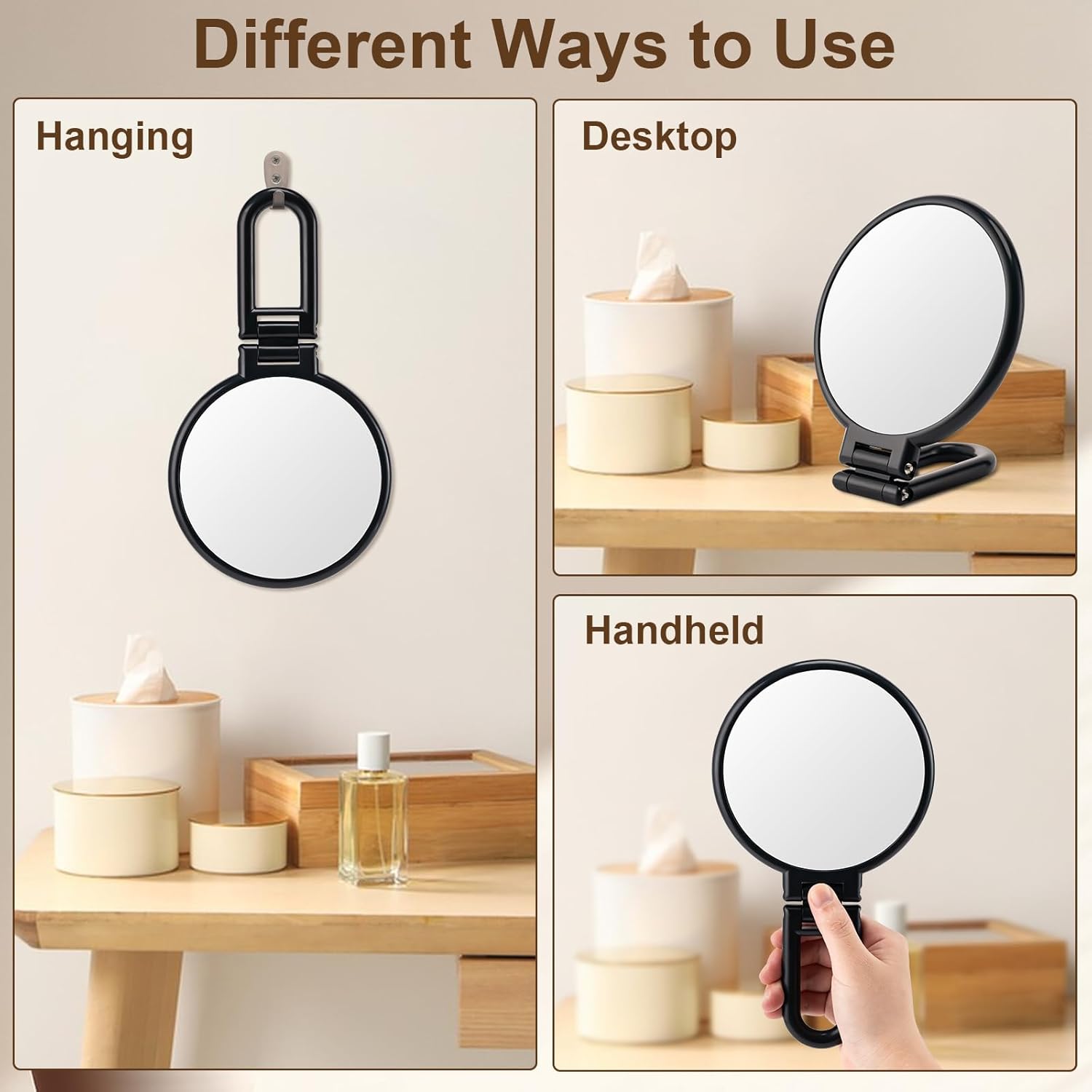 BOOMIBOO 10X Magnifying Mirror with Light, Double-Sided Foldable Travel Makeup Mirror - Adjustable Rotation, Handheld/Desk/Hanging Vanity Mirror for Makeup, Skincare & Eyebrow Grooming - Perfect for Travel, Bathroom & Dressing Table (Black)