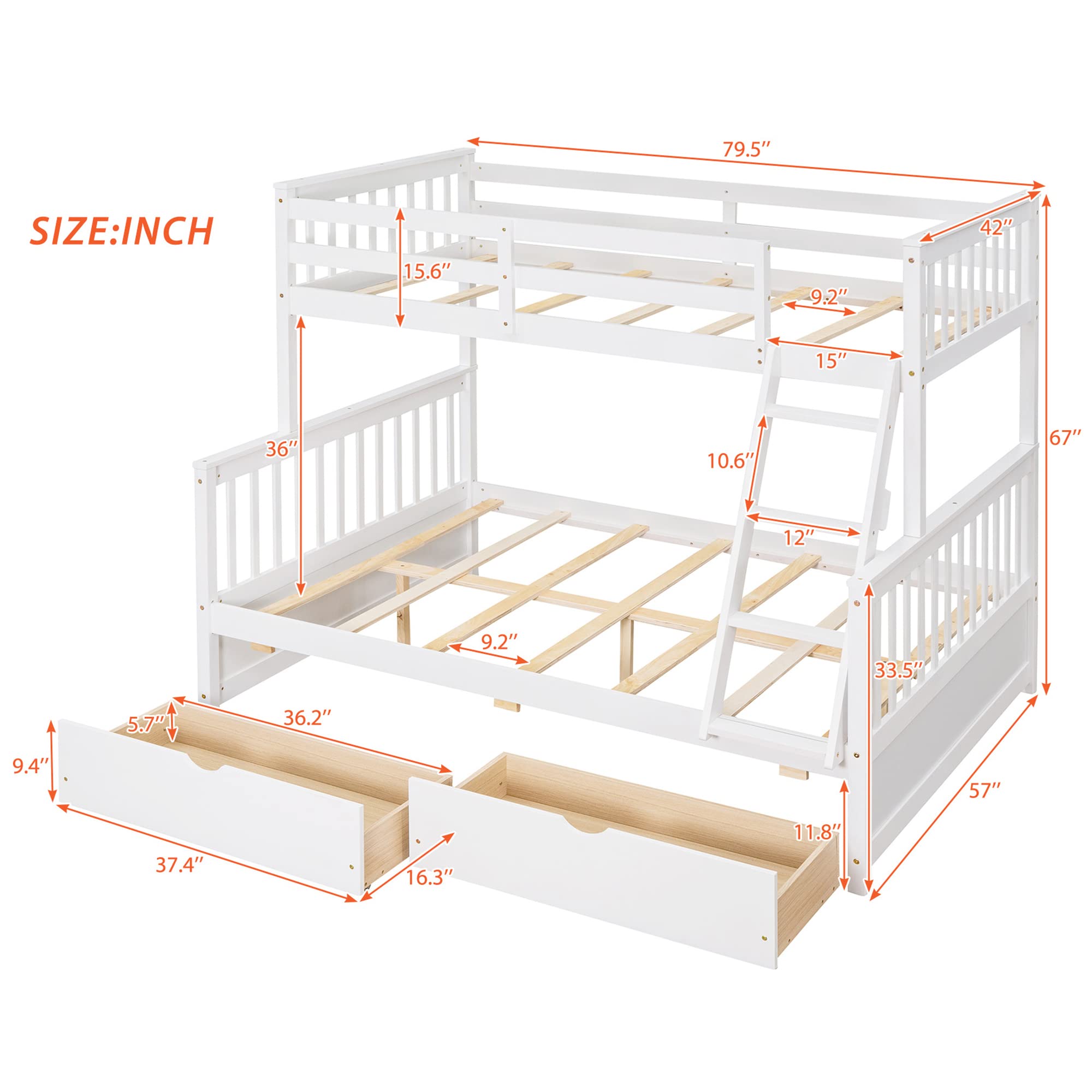 P PURLOVE Twin Over Full Bunk Bed with Storage - Wood Frame for Kids & Teens - Space Saving Bedroom Solution
