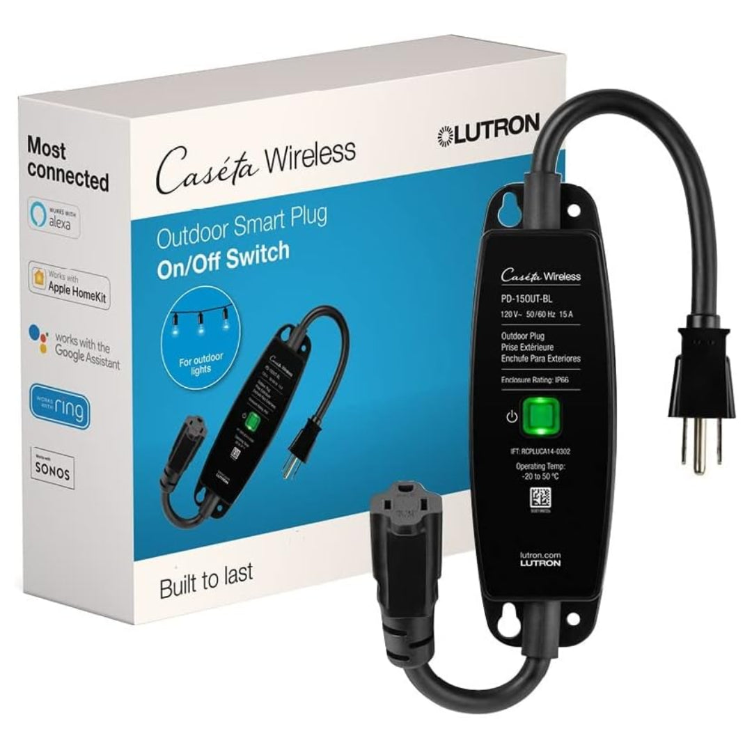 Lutron Caséta Weatherproof Outdoor Smart Plug On/Off Switch - PD-15OUT-BL | Smart Home Landscape & String Light Control | Black | Perfect for Patio, Garden & Holiday Decorations