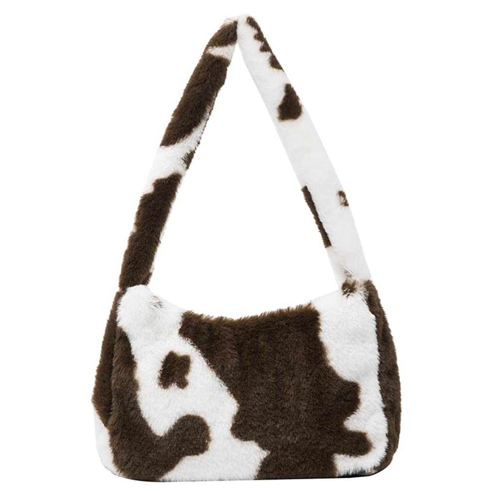 Women's Fluffy Faux Fur Cow Print Shoulder Bag - Stylish Clutch Purse & Underarm Handbag with Zipper Closure - Perfect for Parties, Date Nights, and Everyday Use