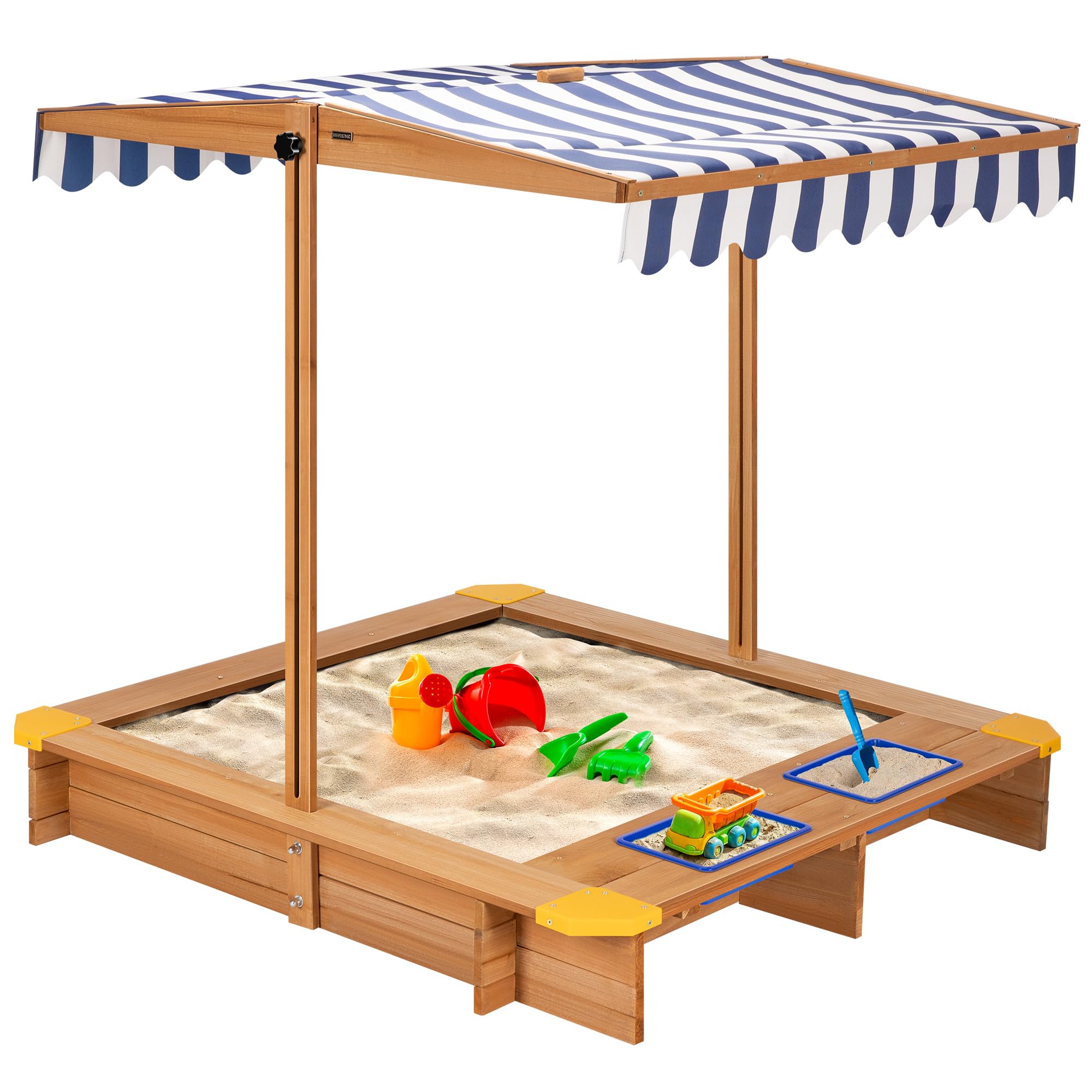 VIVOHOME 47 Inch Wooden Sandbox with 2 Plastic Side Containers & Rotatable UV-Resistant Canopy - Outdoor Kids Sandbox for Backyard, Beach, Park, and Playground Fun