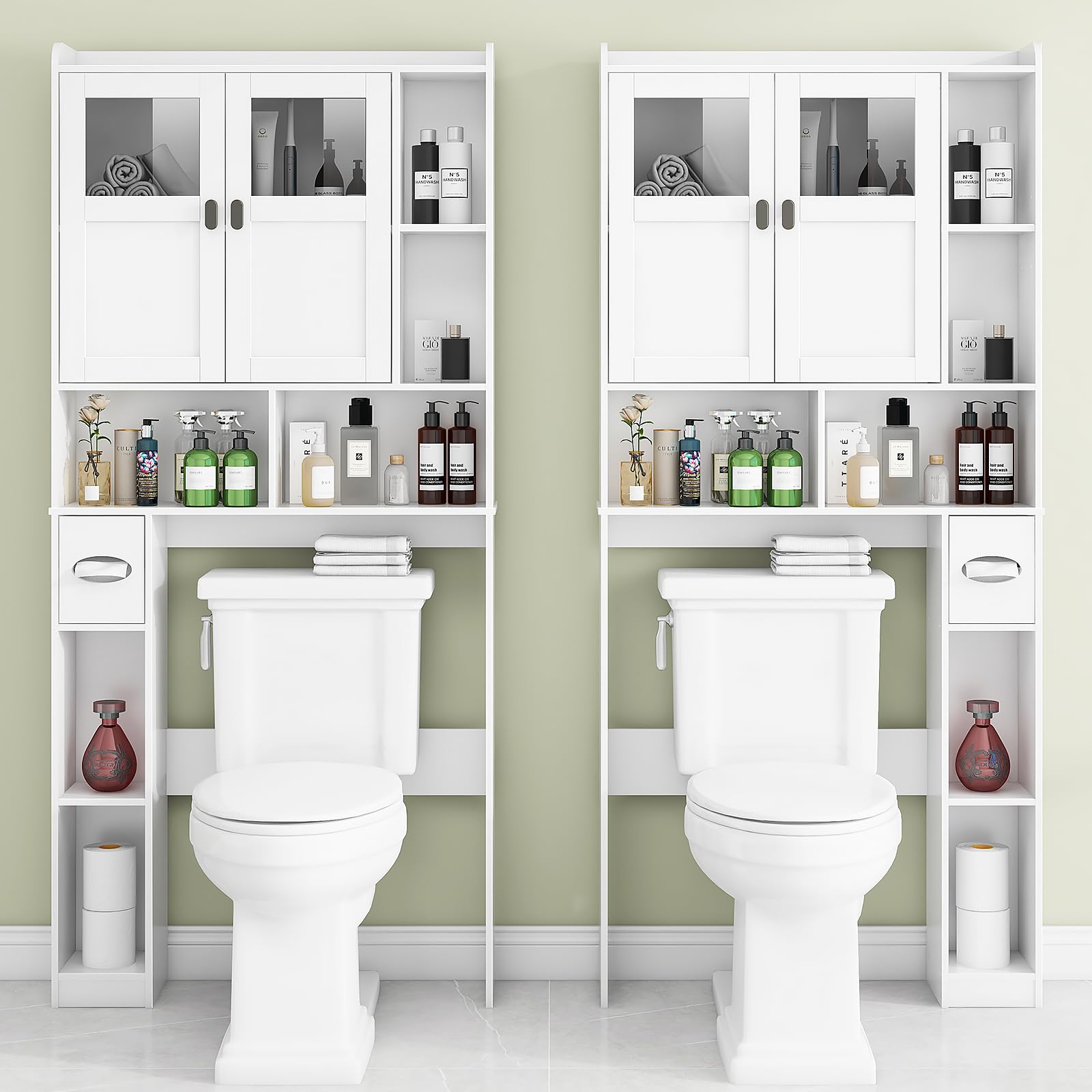 Over The Toilet Storage Cabinet with Glass Doors & Adjustable Shelves - White Freestanding Bathroom Shelf for Small Spaces | Perfect for Restroom, Bathroom & Laundry Organization | Space-Saving Toilet Rack for Apartments & Compact Homes