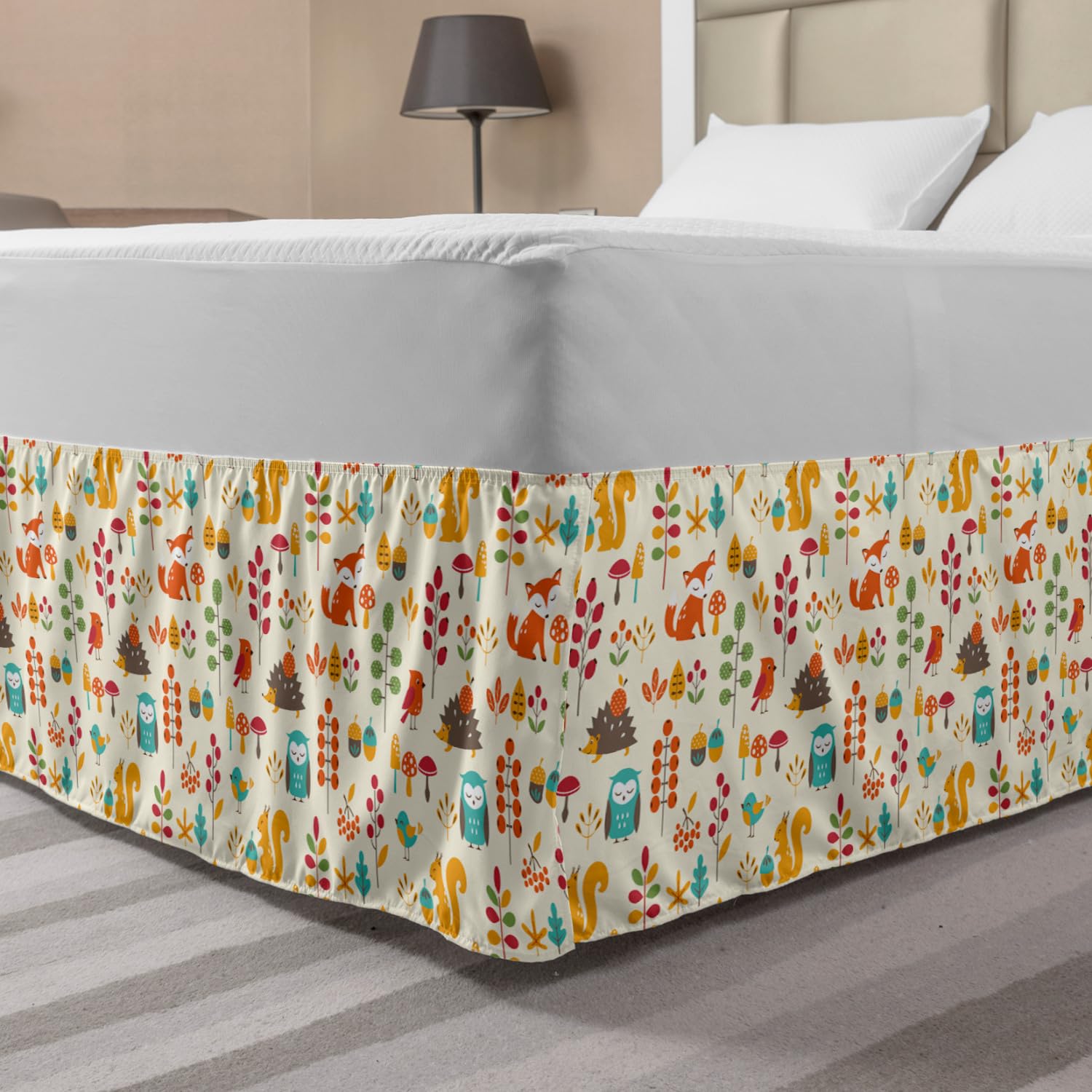 Ambesonne Cartoon Elastic Bed Skirt - Autumn Owl Fox Squirrel Birds Leaves Print Wrap Around Dust Ruffle | Queen Size Multicolor Bedroom Decor | Perfect for Kids Rooms, Guest Bedrooms & Seasonal Home Styling