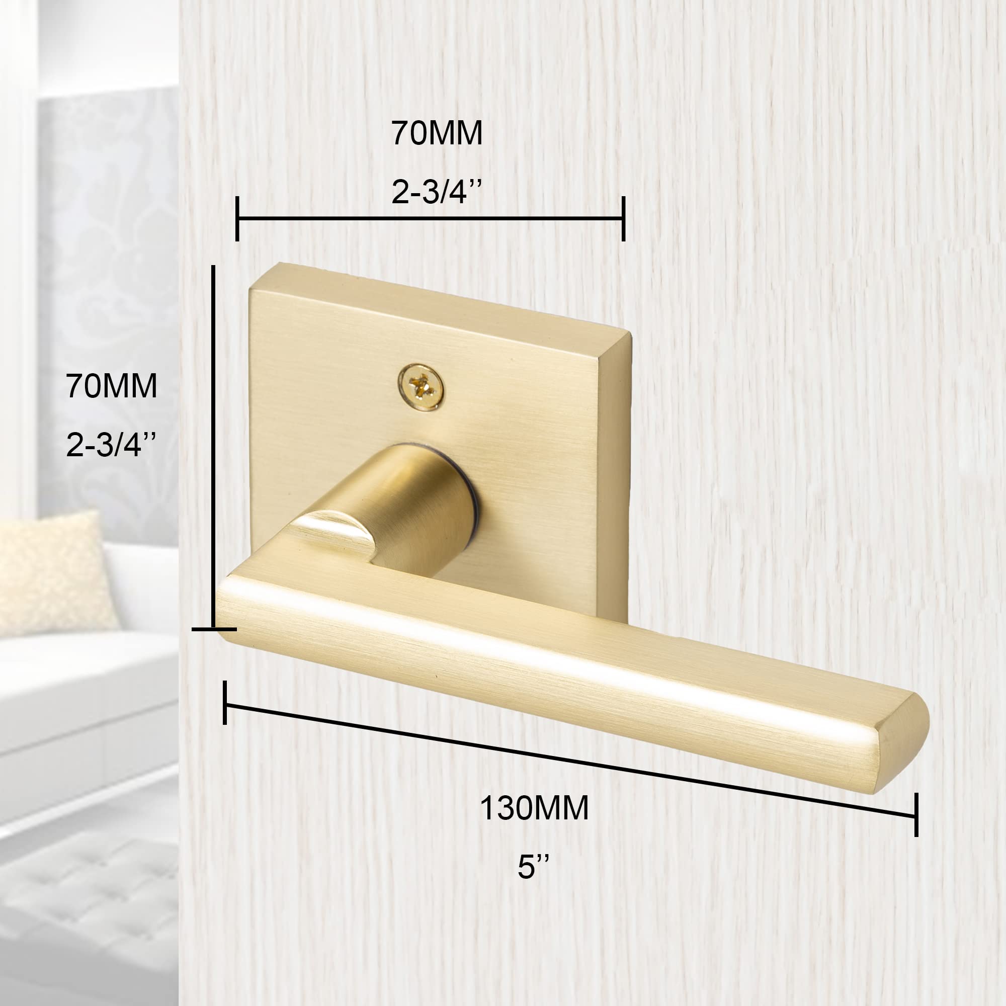 Linkaa Satin Brass Square Dummy Door Handles - Gold Lever Interior for Closet & French Doors (2 Handles, 1 Pack) - Perfect for Bedroom, Bathroom & Cabinet Doors