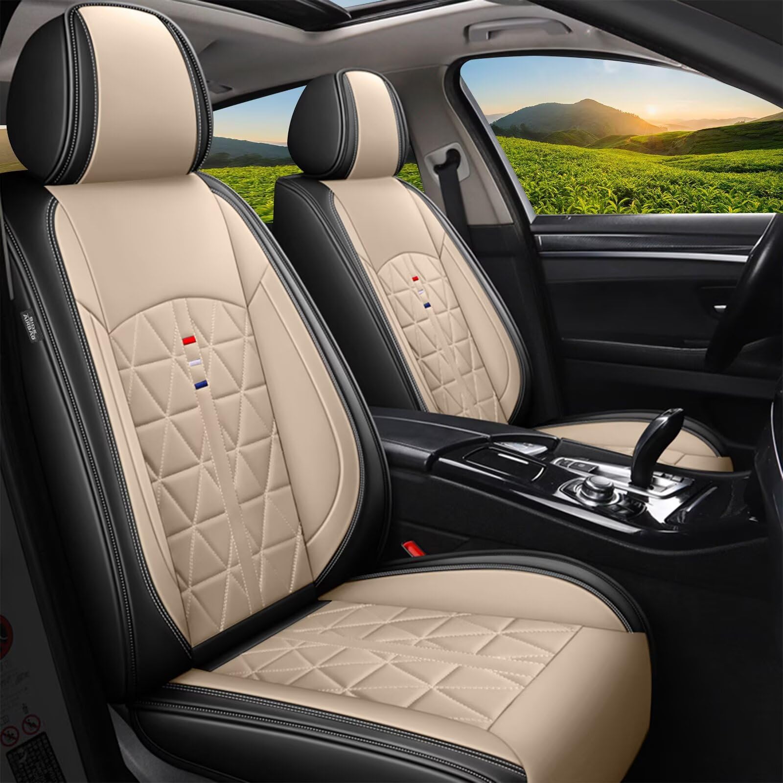 Premium Waterproof Leather Seat Covers Full Set for Honda Pilot 2005-2016 - Airbag Compatible 5-Seat Car Accessories (Black & Beige) | Perfect for Road Trips, Family Travel & Everyday Commuting