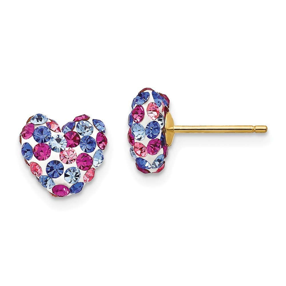 14K Yellow Gold Heart Post Earrings with Blue, Pink & White Crystals - 8mm Elegant Studs for Women, Perfect for Valentine's Day, Anniversary & Everyday Wear