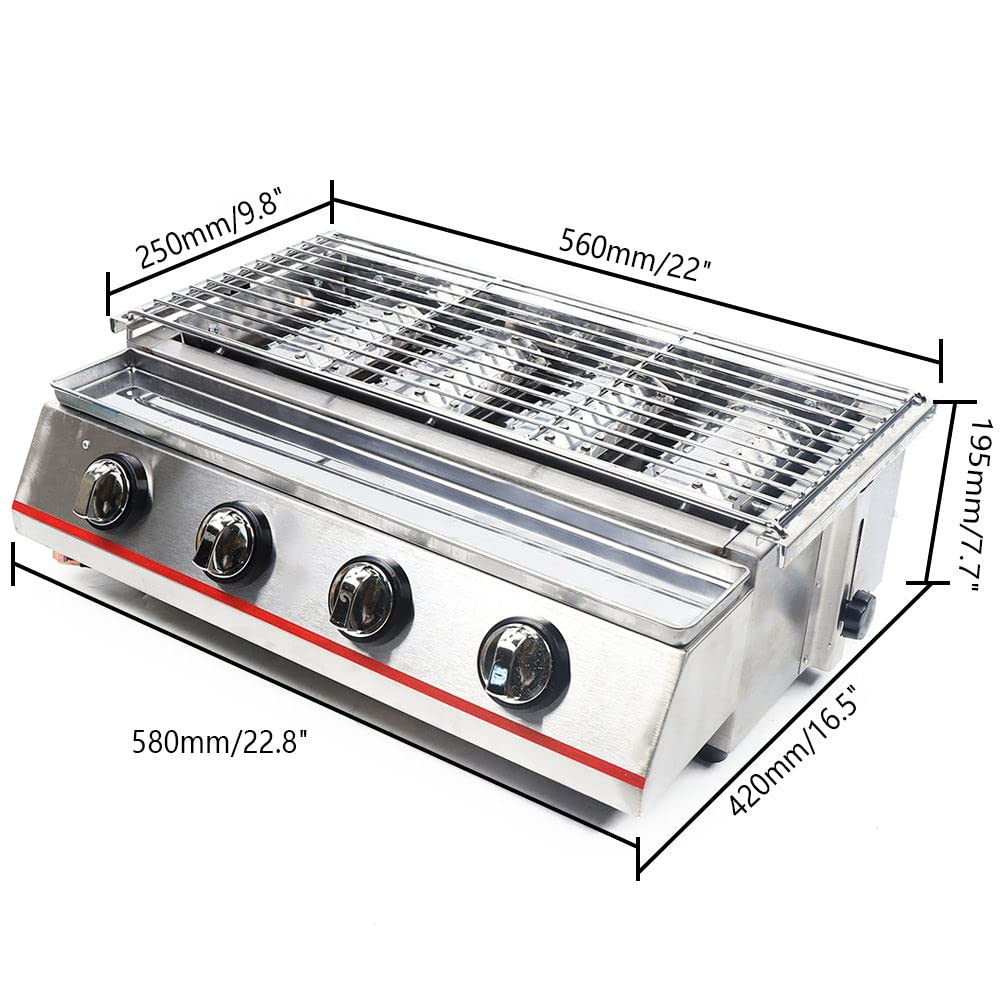**Stainless Steel Tabletop Gas Grill - 4 Burner Portable LPG BBQ Stove with Adjustable Height & Smokeless Design for Outdoor Camping, Boating, Picnics & Backyard Cooking (Silver)**