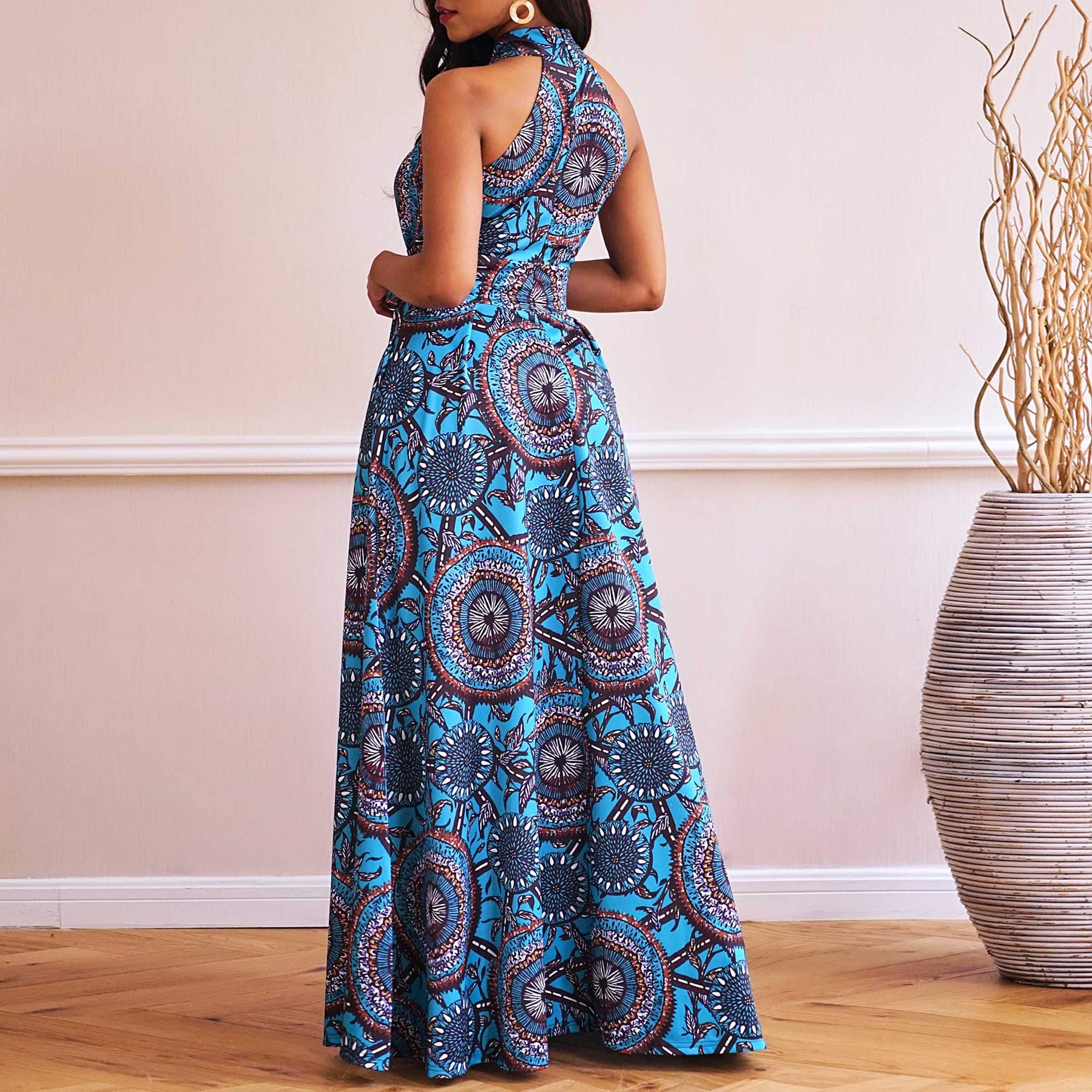VERWIN Women's Elegant Floor Length Lace-Up High Waist Maxi Dress with Stand Collar - Sleeveless Floral Print Brown Dress for Wedding, Party & Special Occasions