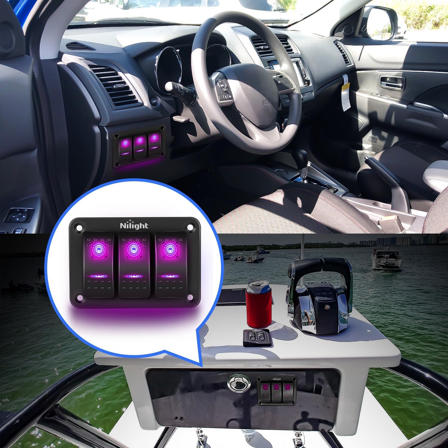 3 Gang 5 Pin ON/Off Rocker Switch Panel - Purple LED Illuminated Toggle Switch for Marine, RV, Truck & Automotive Applications