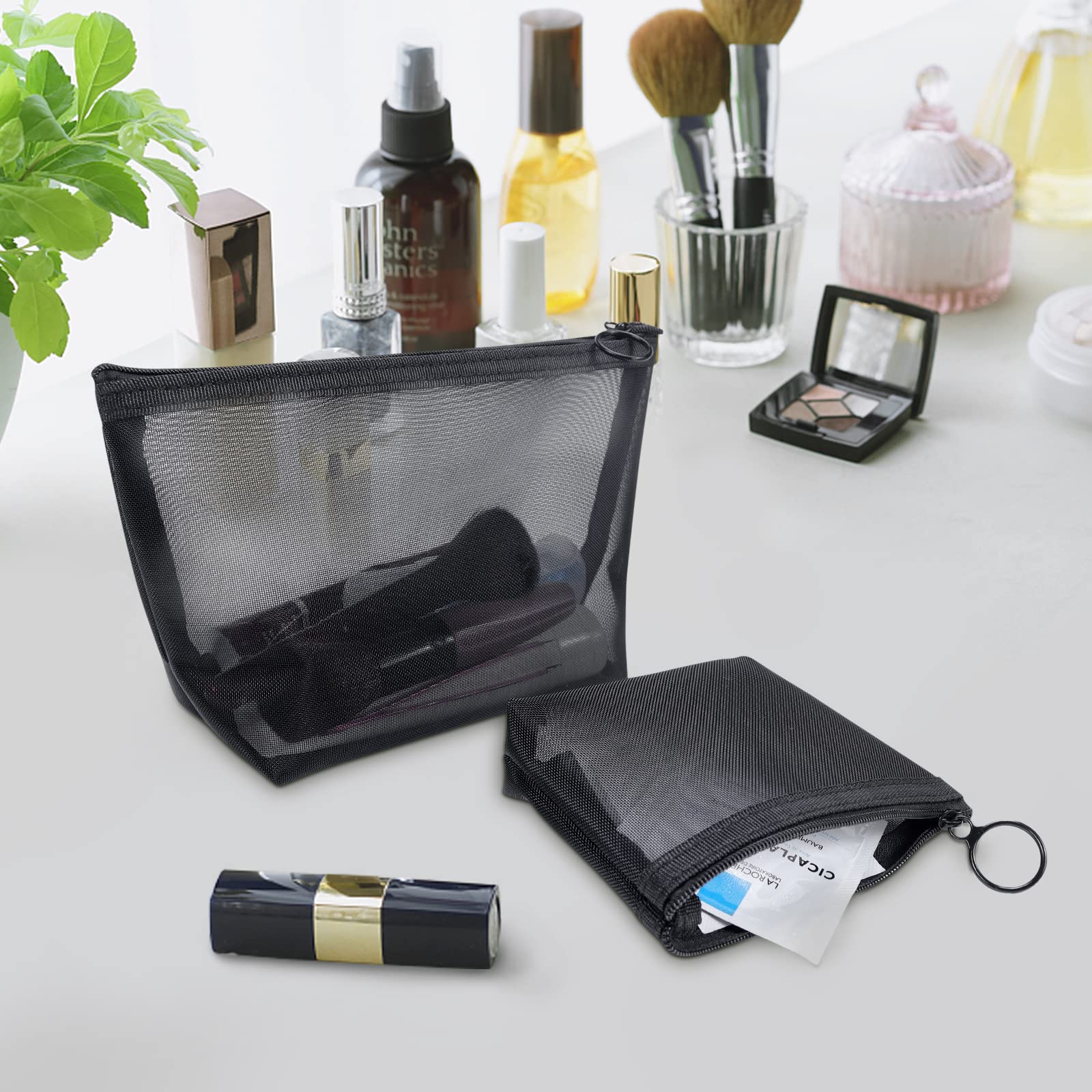 3Pcs Mesh Makeup Bags Set - Lightweight Travel Cosmetic Organizer with Zipper for Women & Men - Small Medium Large Toiletry Pouches for Home, Office, Gym & Vacation Accessories (Black) - Perfect for Makeup Brushes, Skincare Essentials & Travel Toiletries