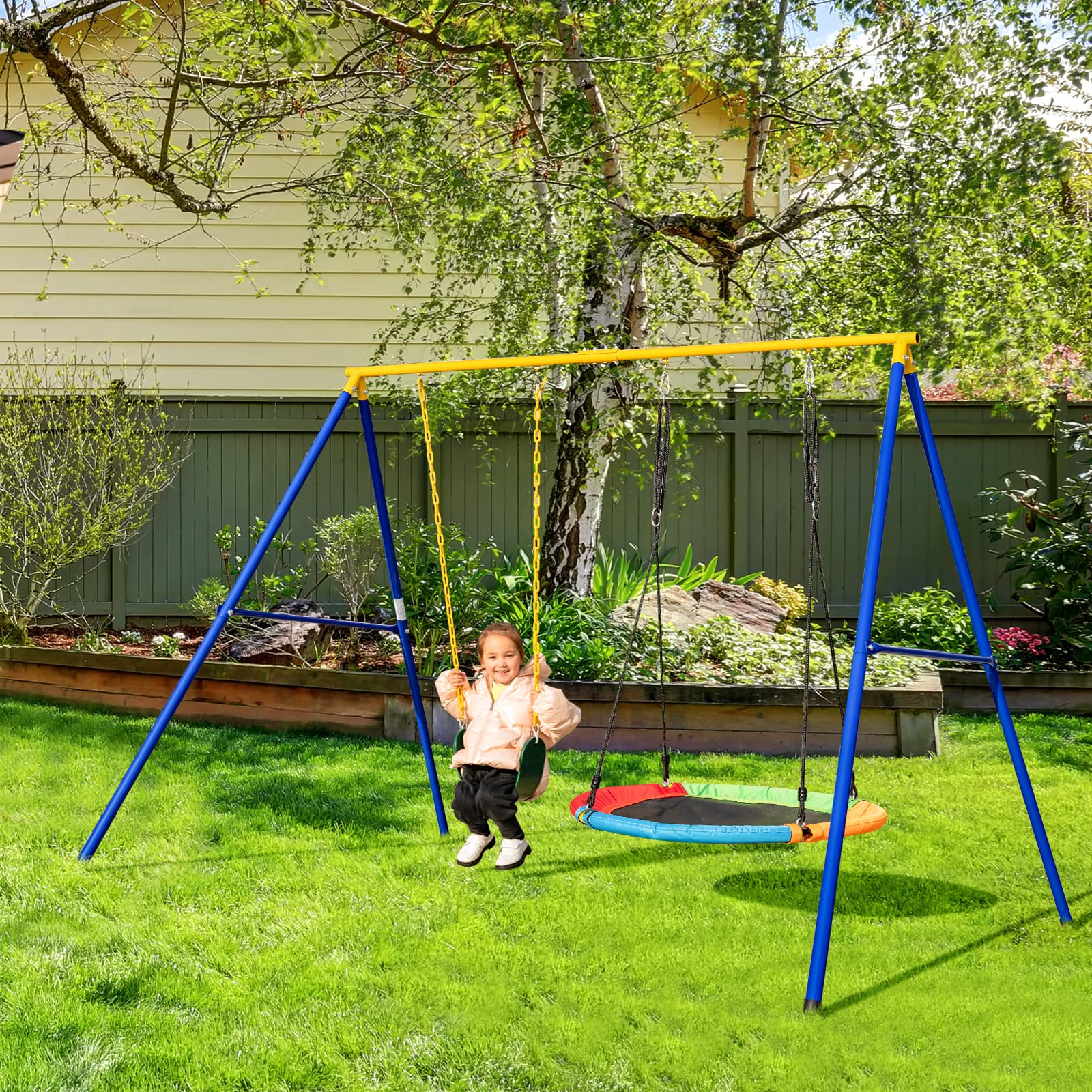 Costzon 660lbs Heavy Duty Metal Swing Set for Backyard - 2 Seats with Adjustable Ropes & Ground Stakes | Outdoor Kids Playground Equipment for Gardens, Parks & Backyards