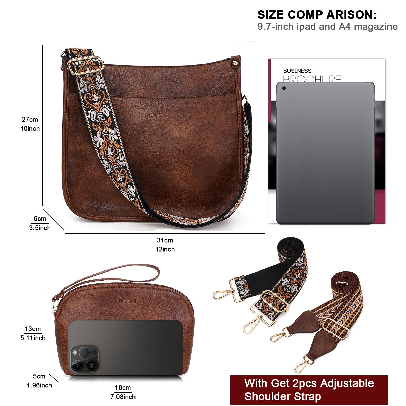 HKCLUF Women's Leather Crossbody Bag & Wallet Set - 2PCS Adjustable Shoulder Purse with Guitar Strap | Perfect for Travel, Shopping & Everyday Use