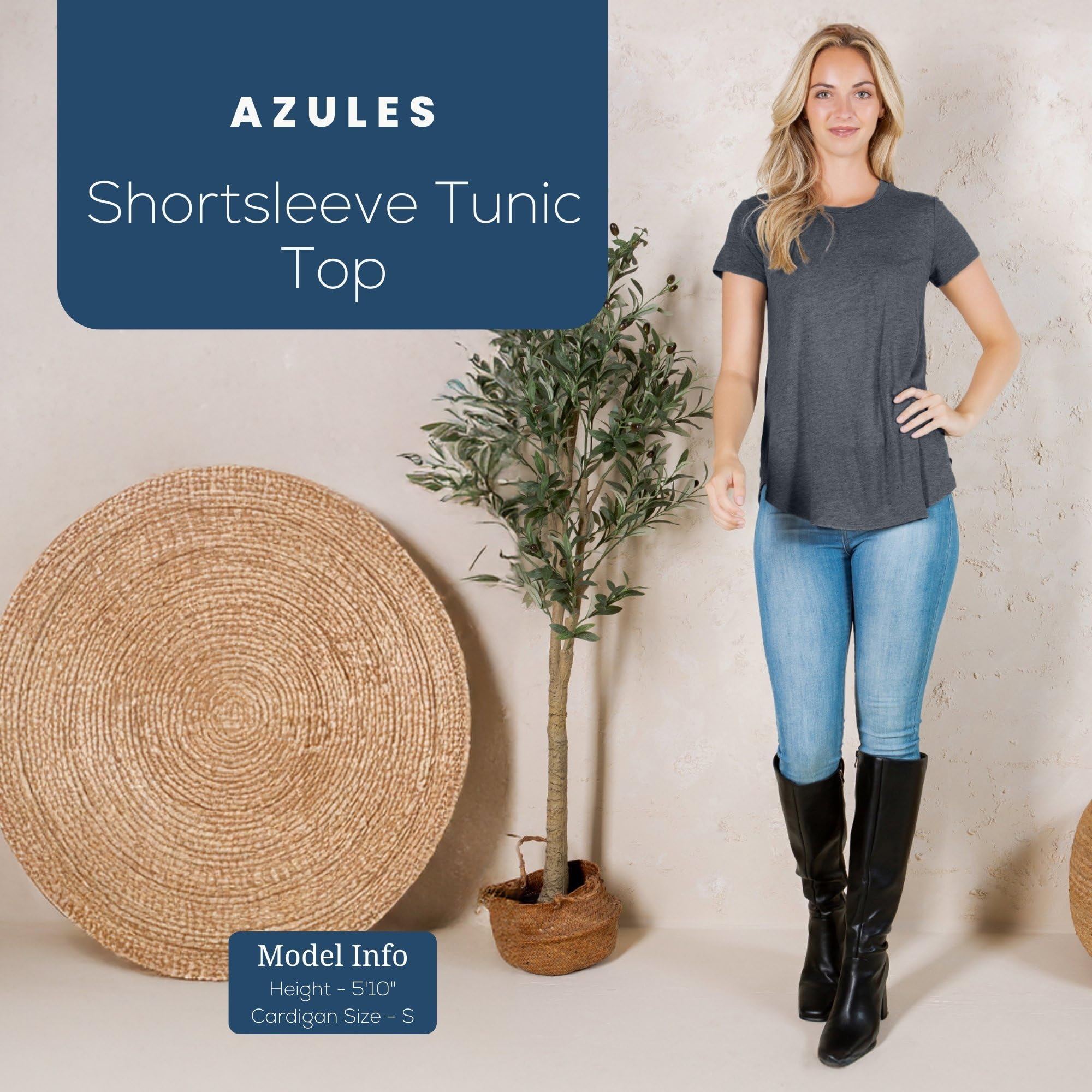 Azules Women's Short Sleeve Tunic Tops - Flowy Scoop Neck Blouse for Leggings | Casual Summer Outfit, Workwear & Dressy Occasions