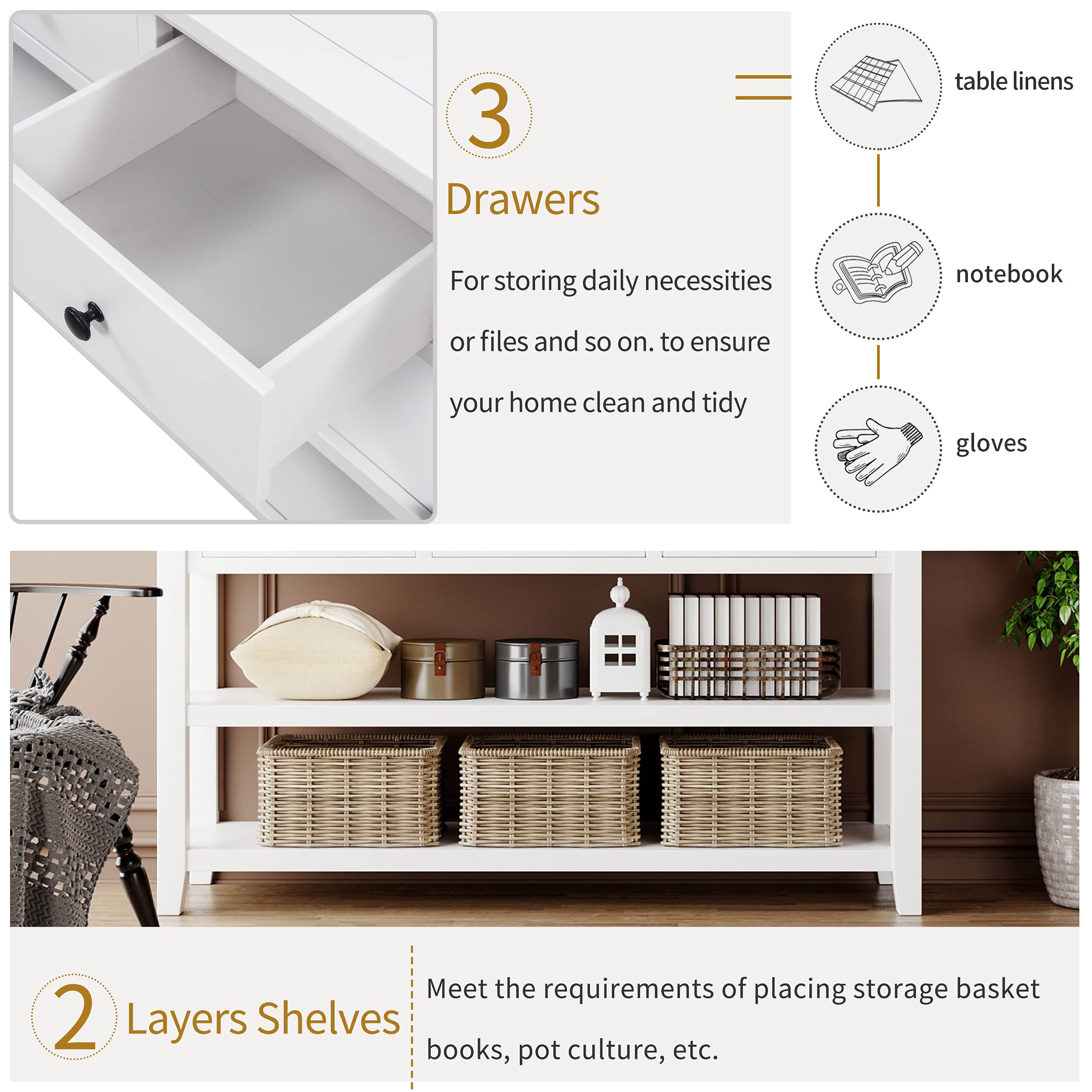 Farmhouse Console Table with 3 Drawers & 2 Open Shelves - Entryway Sofa Table for Hallway & Living Room - Antique White Finish - Perfect for Home Decor, Small Space Storage & Entry Organization