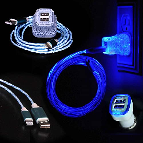 LyteCordz LED Charging Cable - Touch Sensitive ON/OFF Light Up USB Cord with Wall & Car Adapter - Compatible with iPhone (3FT, Blue) - Perfect for Night Use, Travel & Car Charging