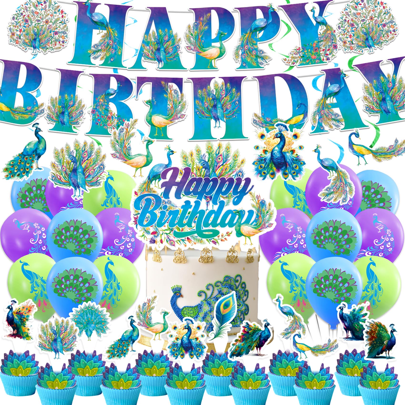Vibrant Peacock Birthday Party Decorations Set - Includes Banner, Cake Topper, Cupcake Toppers & Balloons for Zoo or Bird Theme Celebration - Perfect for Birthday Parties, Baby Showers & Special Events