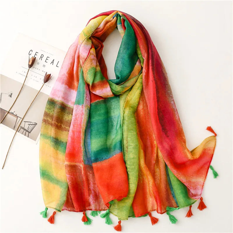 2023 Fashion Paisley Abstract Floral Tassel Viscose Shawl Scarf - Women's Lightweight Pashmina Wrap Stole & Muslim Hijab (180x90cm) - Perfect for Daily Wear, Office, Parties & Prayer