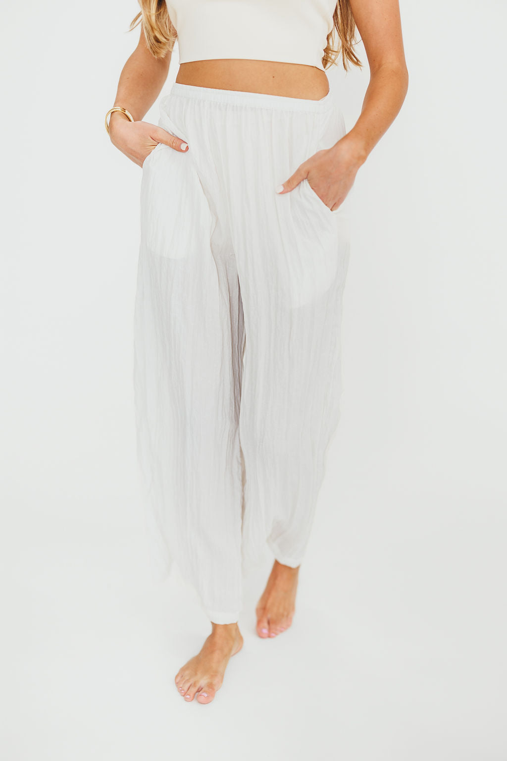 Harmony Crinkle Fabric Pants in Milk - Soft Comfortable Women's Lounge Pants for Home, Yoga, and Relaxation