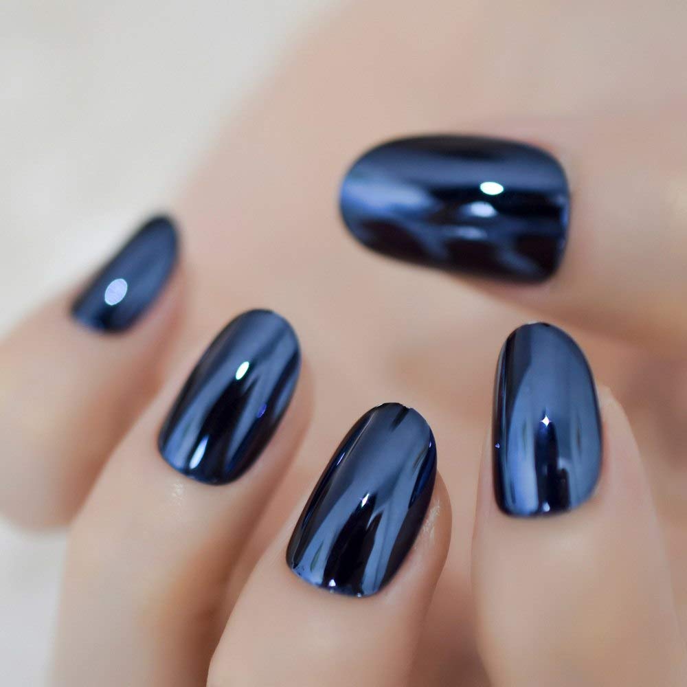 Coolnail Metallic Mirror Bright Blue Gray False Nails - Oval & Round Fake Nails for Manicure | Full Cover Nail Art Tips | Perfect for Parties, Weddings & Special Occasions