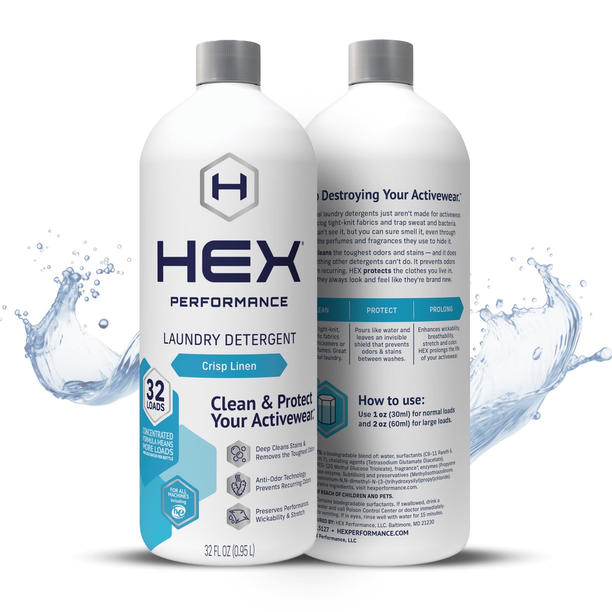 HEX Performance Laundry Detergent for Activewear - Crisp Linen Scent, 64 Loads (Pack of 2) | Concentrated Eco-Friendly Liquid Detergent for Gym Clothes, Workout Gear & Sports Apparel | Perfect for Athletes & Active Lifestyles