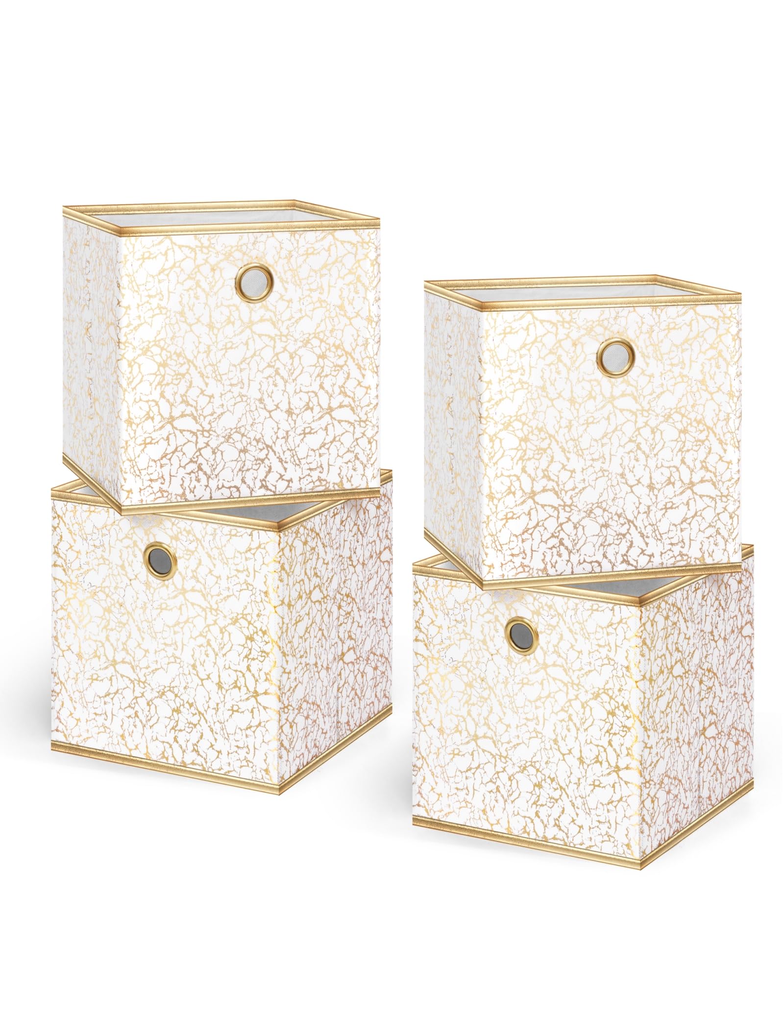 Foldable 11-Inch Collapsible Storage Cube Bins with Grommet Handle - 4-Pack Fabric Storage Organizers for Shelves, Closet, Nursery, Toys & Home Organization (White Gold) - Perfect for Small Space Storage & Kids' Room Organization