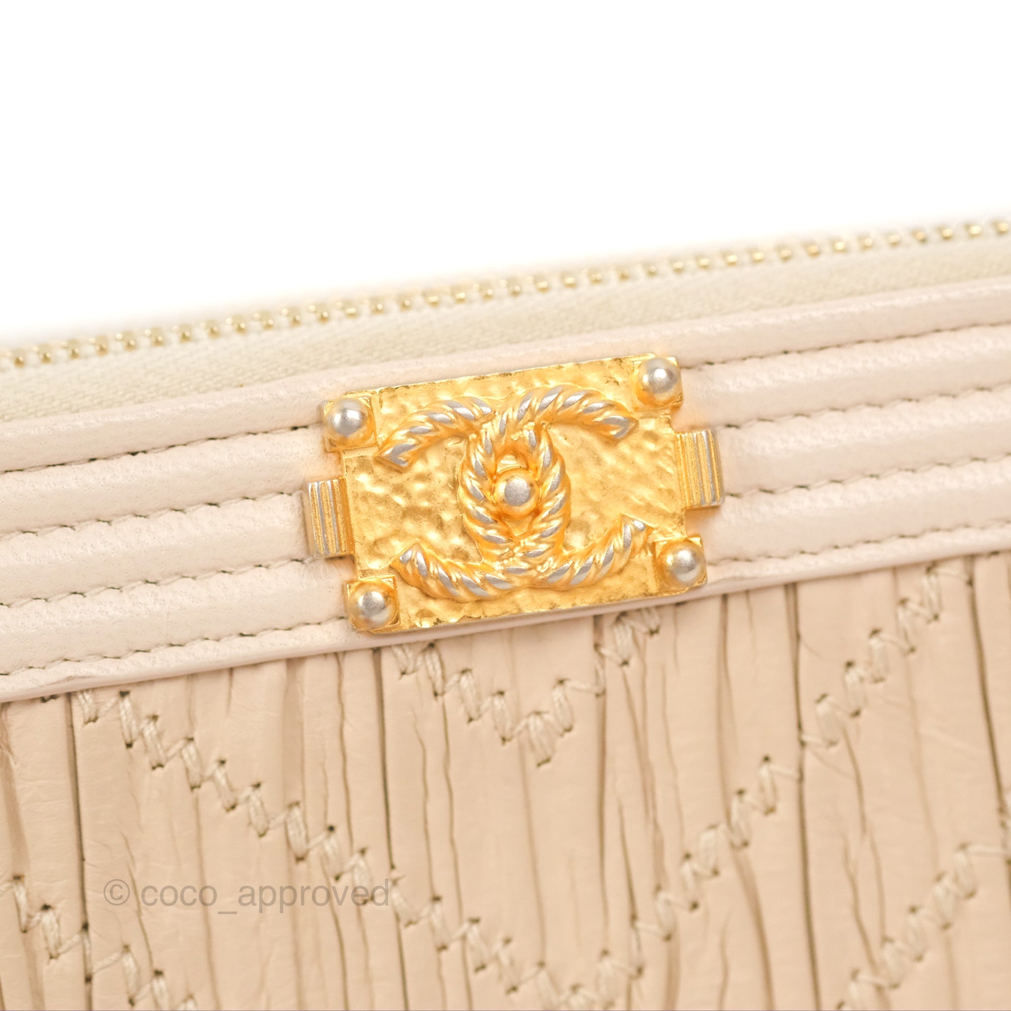 Chanel Boy Double Zip Clutch On Chain Chevron Pale Beige with Aged Gold Hardware - Luxury Crossbody Bag for Women, Perfect for Evening Parties & Date Nights