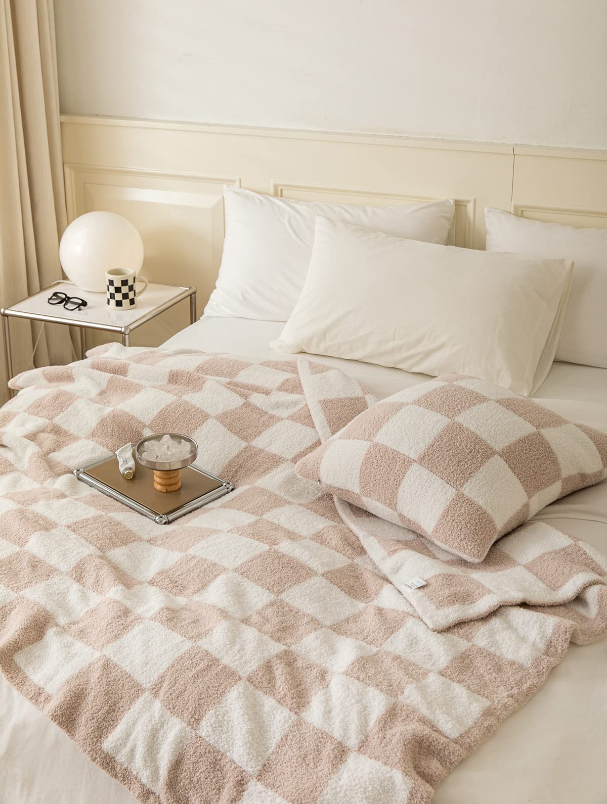 Ultra Soft Cozy Buffalo Check Plaid Microfiber Knit Lightweight Fleece Blanket - Twin Size 60x80 Inches - Perfect for Bed, Sofa, Couch & Travel - Cream Color