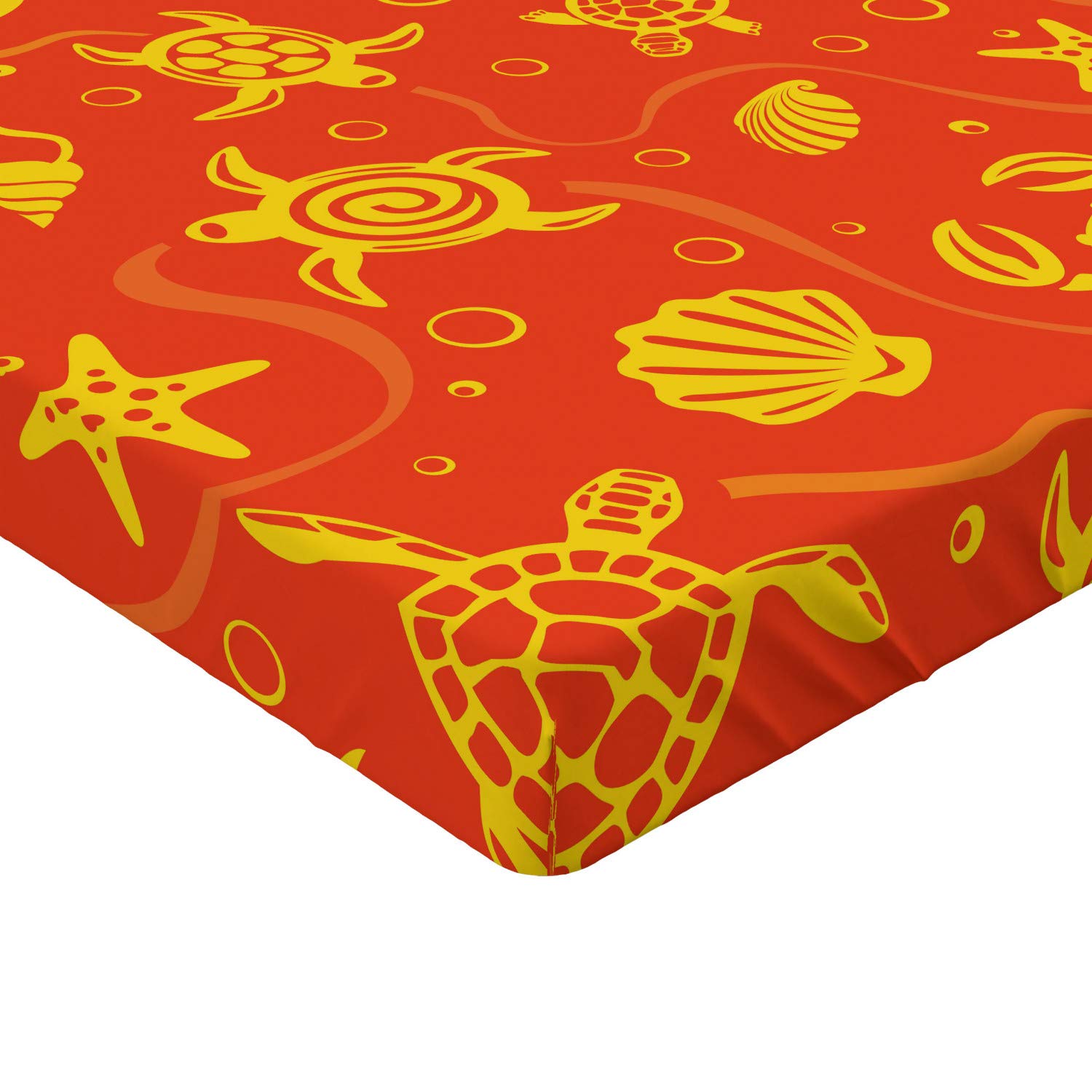 Ambesonne Orange Fitted Sheet Queen Size - Tropical Swimming Turtles, Crabs & Seashells Design with All-Around Elastic Deep Pocket - Burnt Orange Yellow Bed Cover for Comfortable Sleep | Perfect for Beach-Themed Bedrooms, Vacation Homes & Coastal Decor