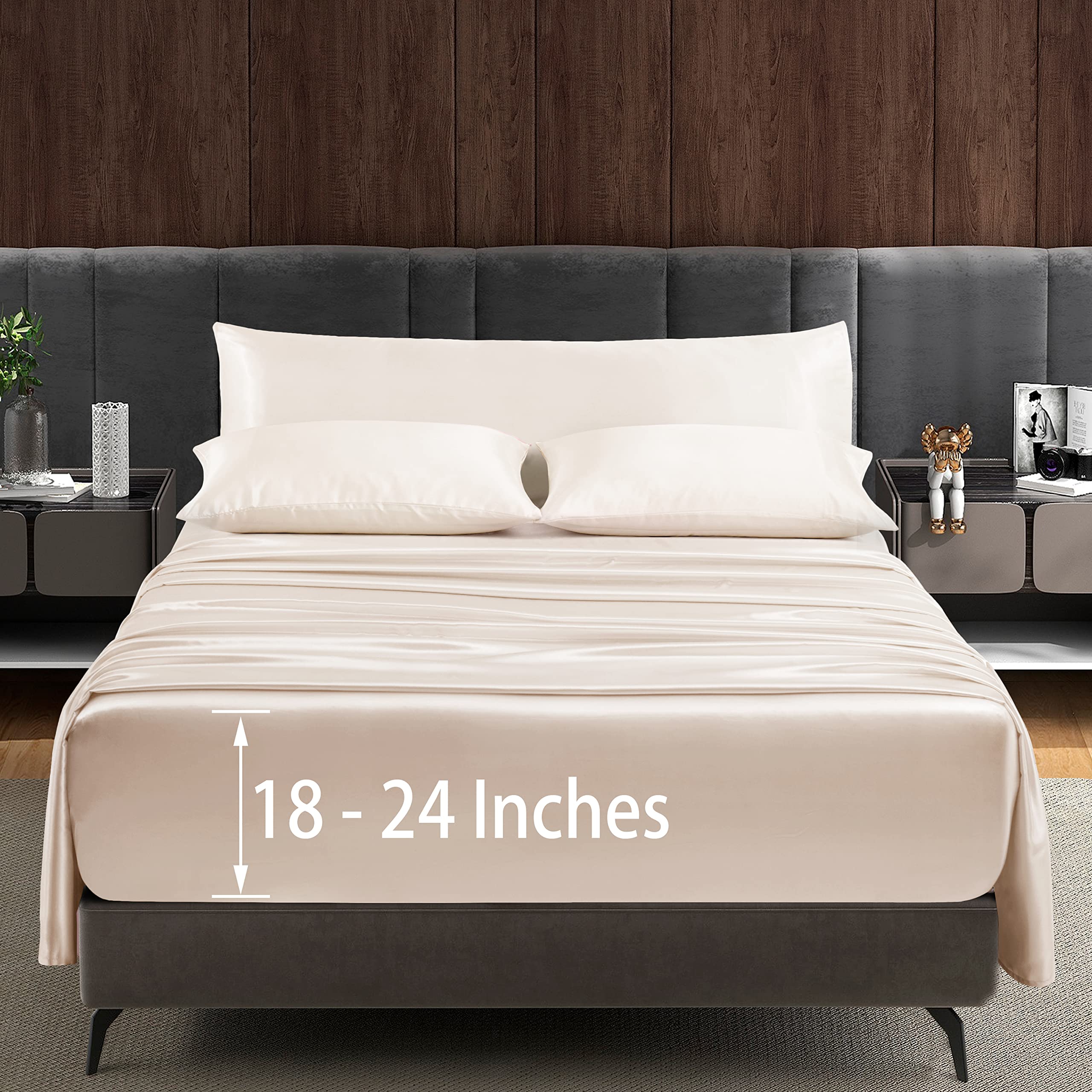 Entisn 5-Piece Extra Deep Pocket Satin Sheet Set for Queen Size Bed (Fits Mattress Up to 24